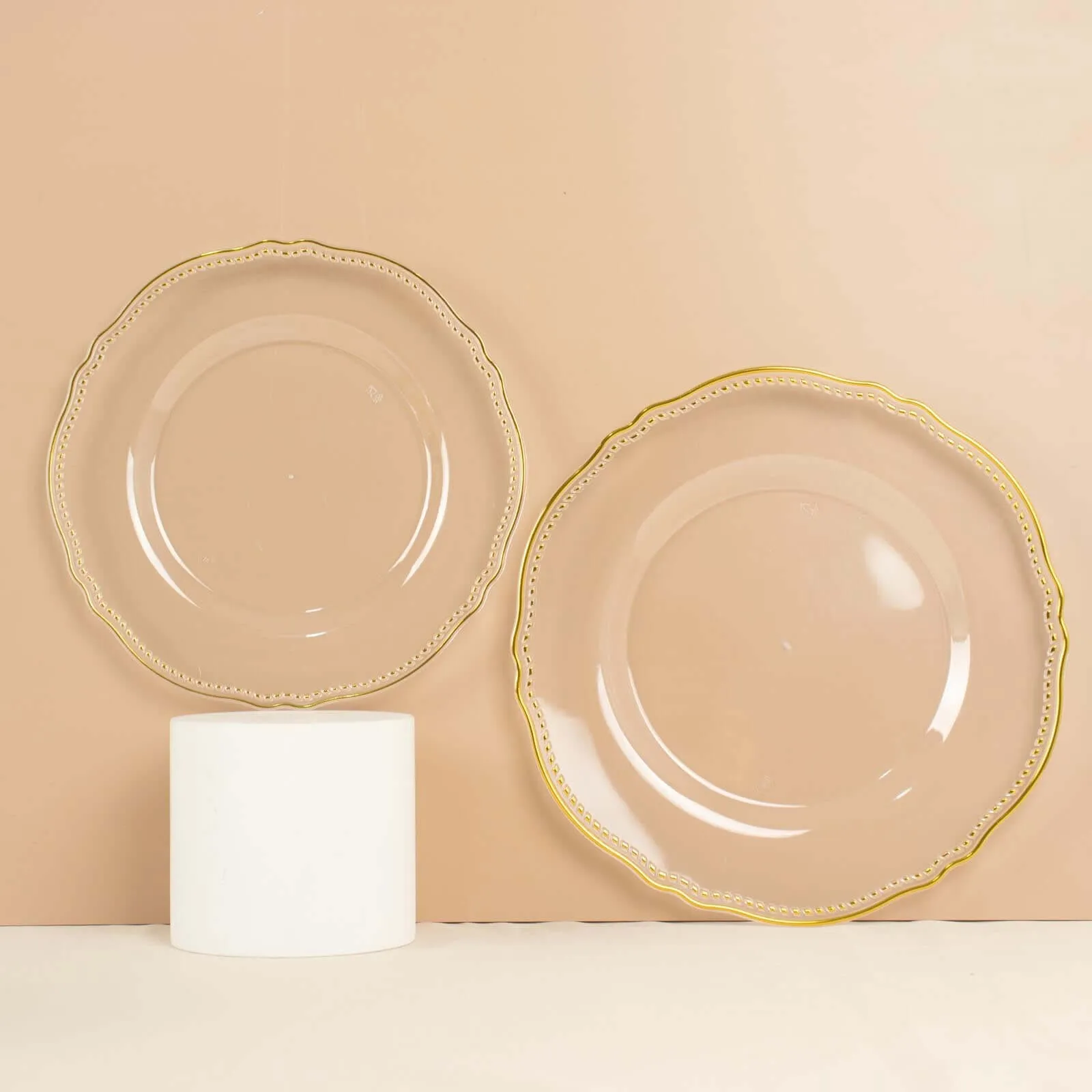 10 Pack 10" Clear Gold Scalloped Rim Disposable Dinner Plates, Large Plastic Party Plates