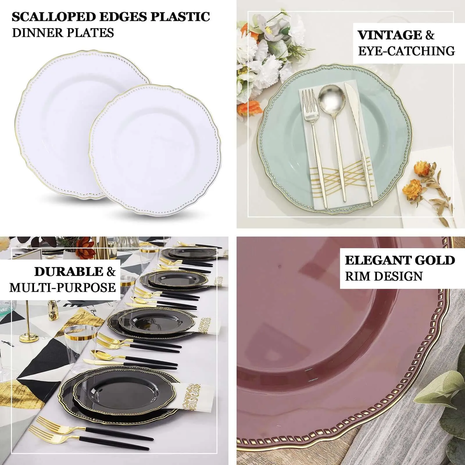 10 Pack 10" Clear Gold Scalloped Rim Disposable Dinner Plates, Large Plastic Party Plates