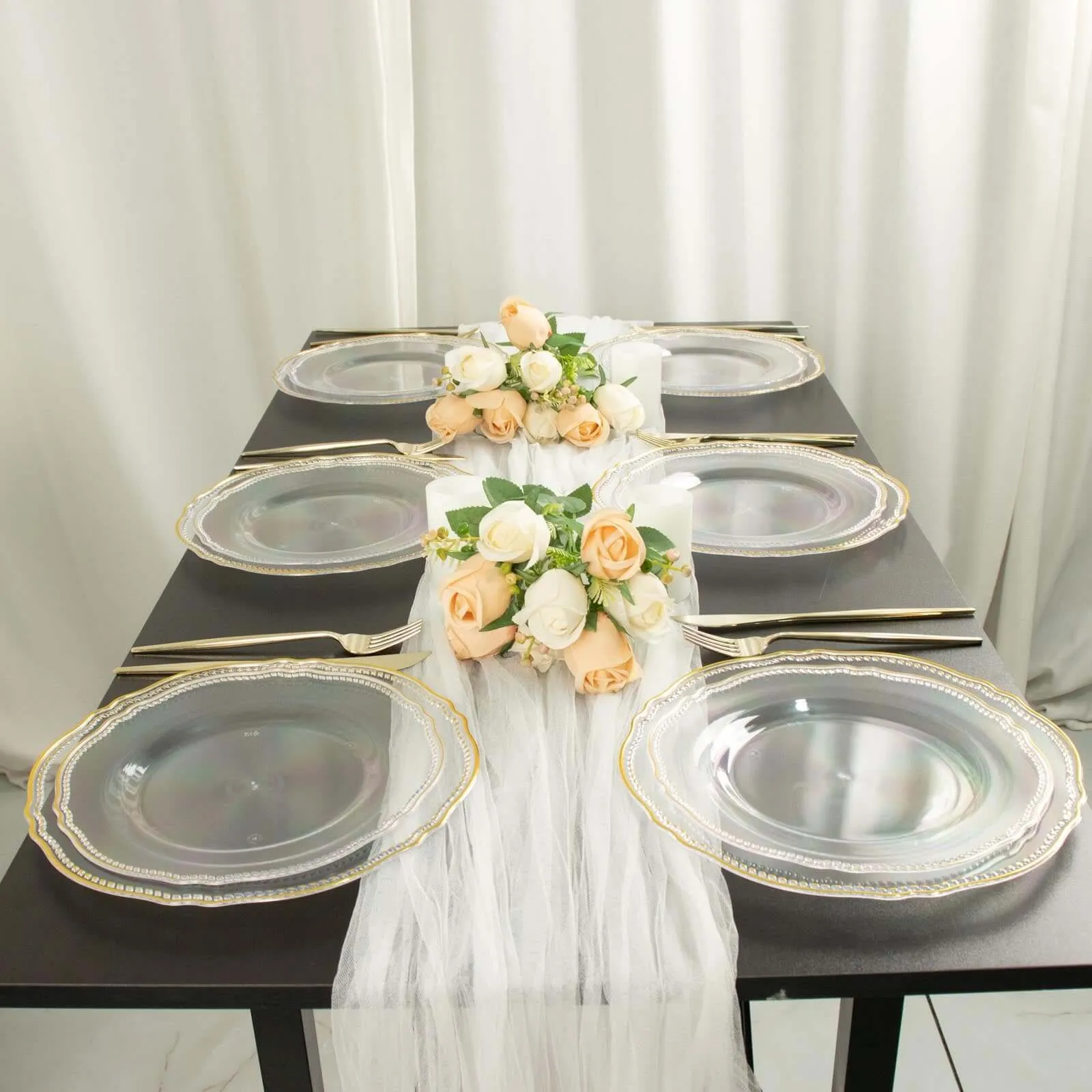 10 Pack 10" Clear Gold Scalloped Rim Disposable Dinner Plates, Large Plastic Party Plates