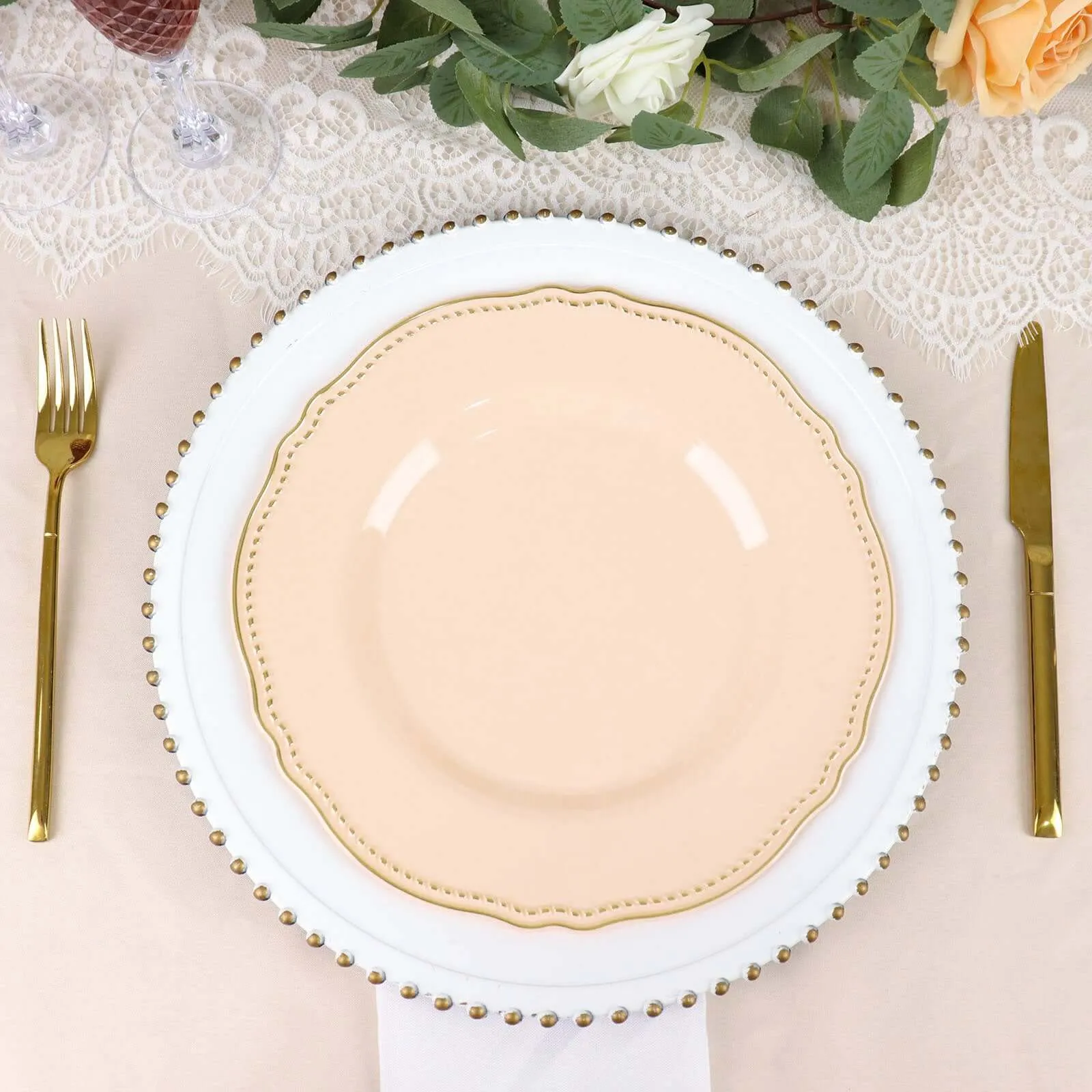 10 Pack 10" Nude Gold Scalloped Rim Disposable Dinner Plates, Large Plastic Party Plates