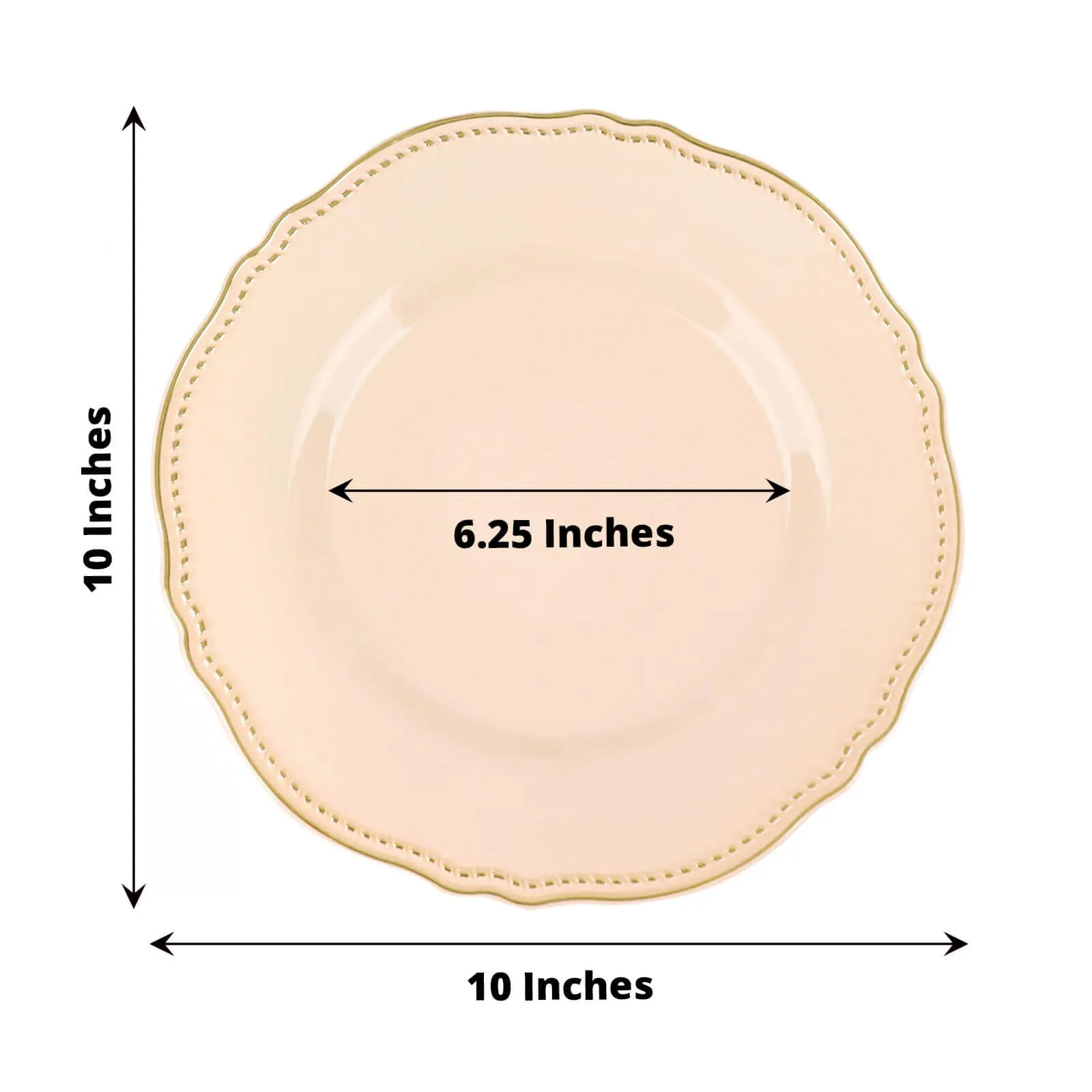 10 Pack 10" Nude Gold Scalloped Rim Disposable Dinner Plates, Large Plastic Party Plates