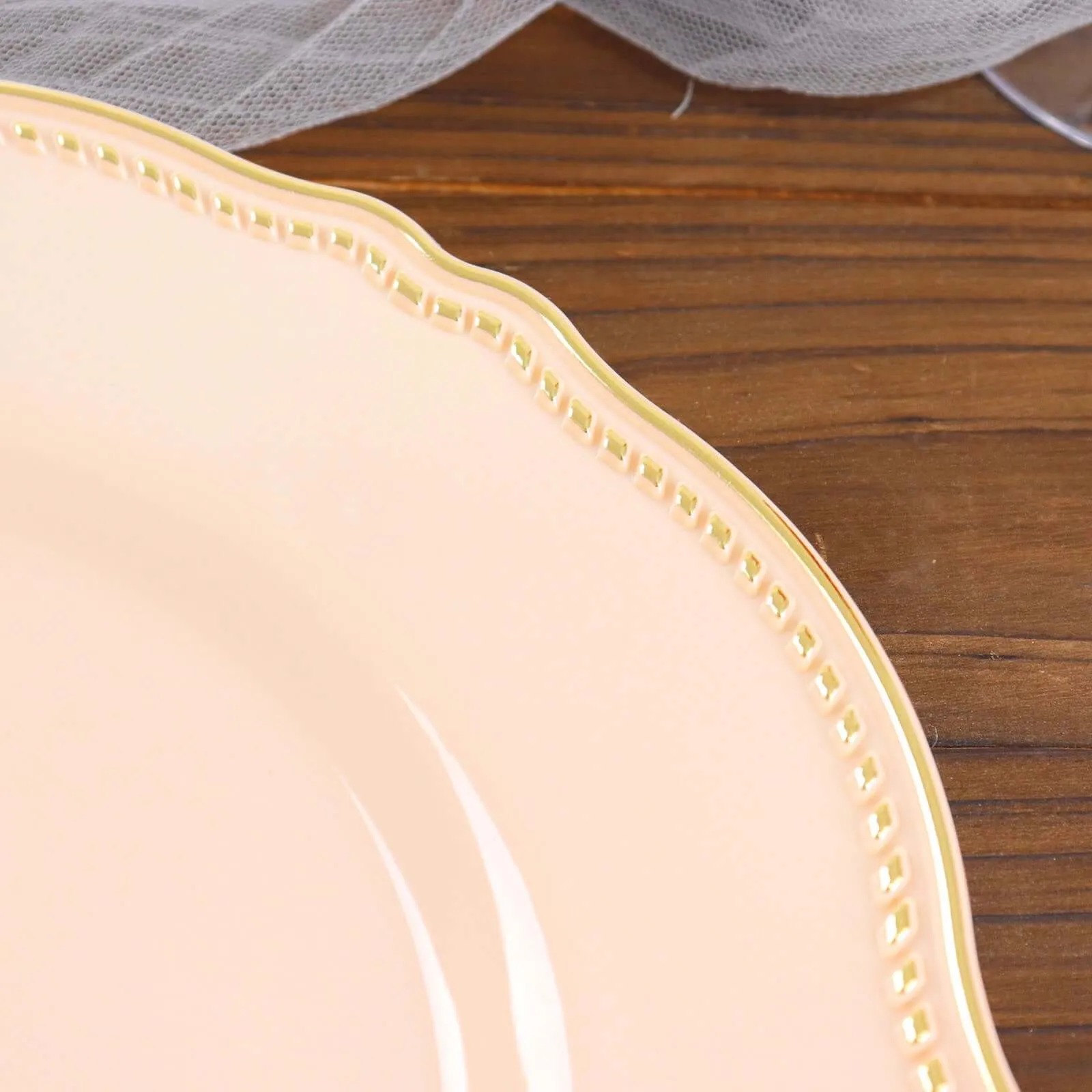 10 Pack 10" Nude Gold Scalloped Rim Disposable Dinner Plates, Large Plastic Party Plates