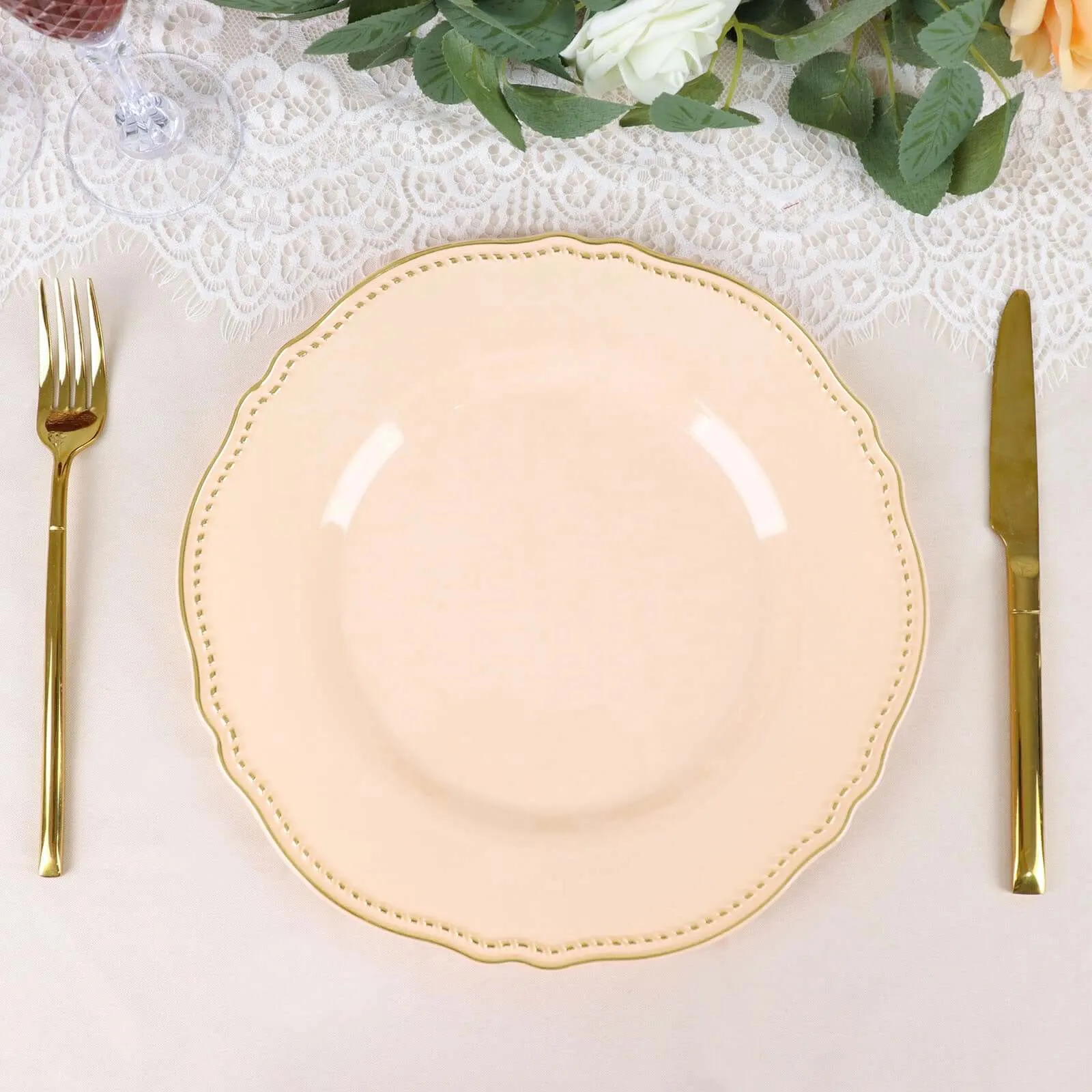 10 Pack 10" Nude Gold Scalloped Rim Disposable Dinner Plates, Large Plastic Party Plates