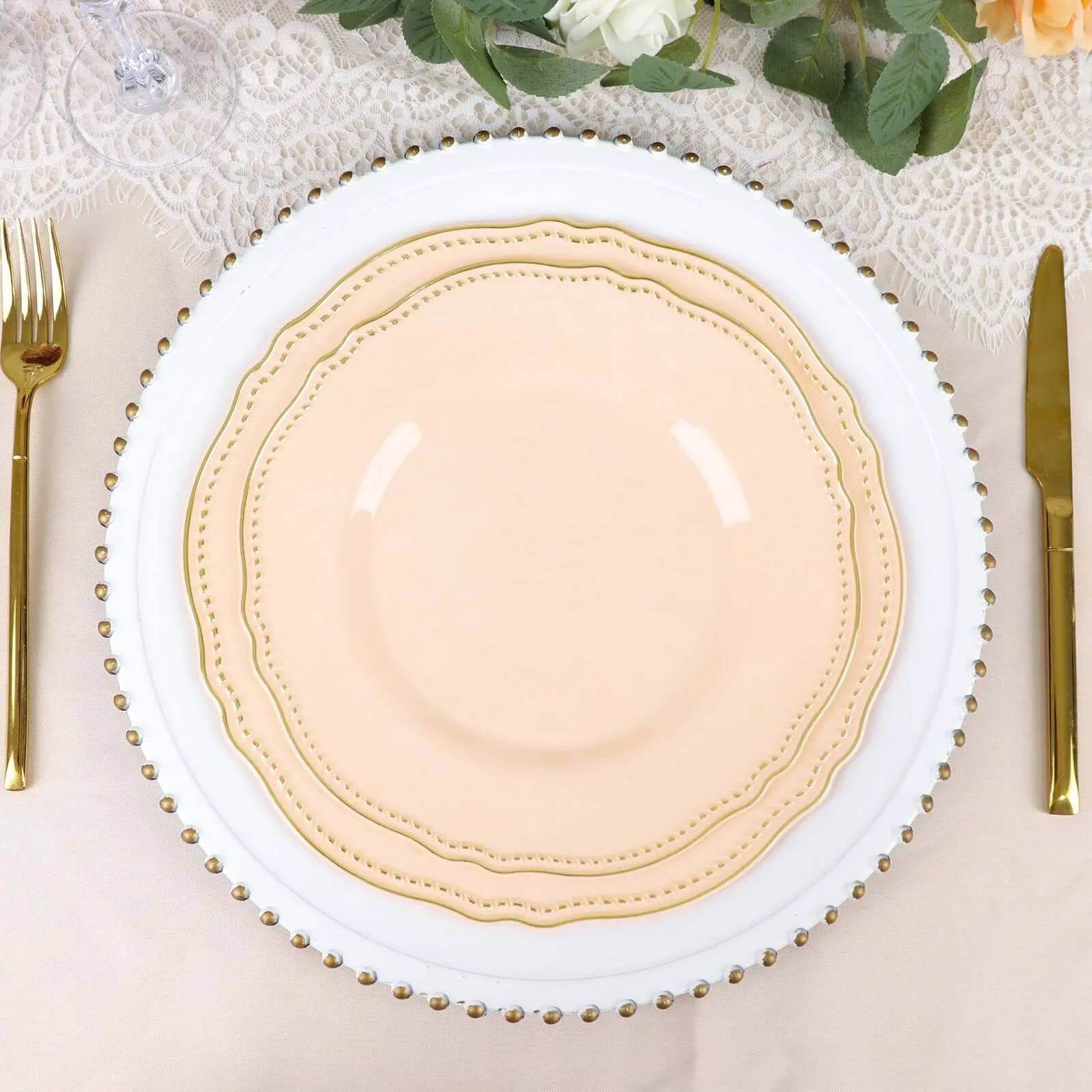 10 Pack 10" Nude Gold Scalloped Rim Disposable Dinner Plates, Large Plastic Party Plates