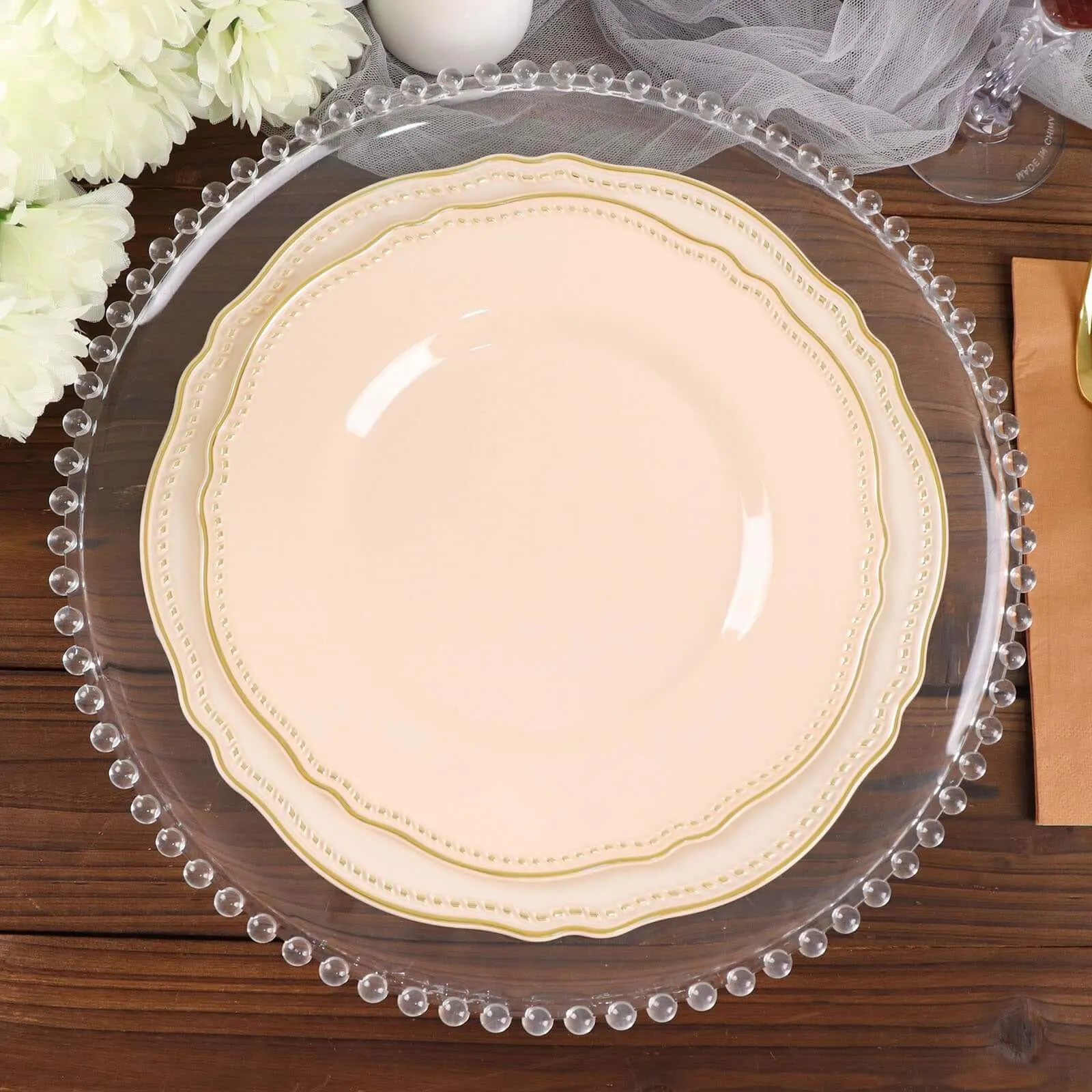 10 Pack 10" Nude Gold Scalloped Rim Disposable Dinner Plates, Large Plastic Party Plates