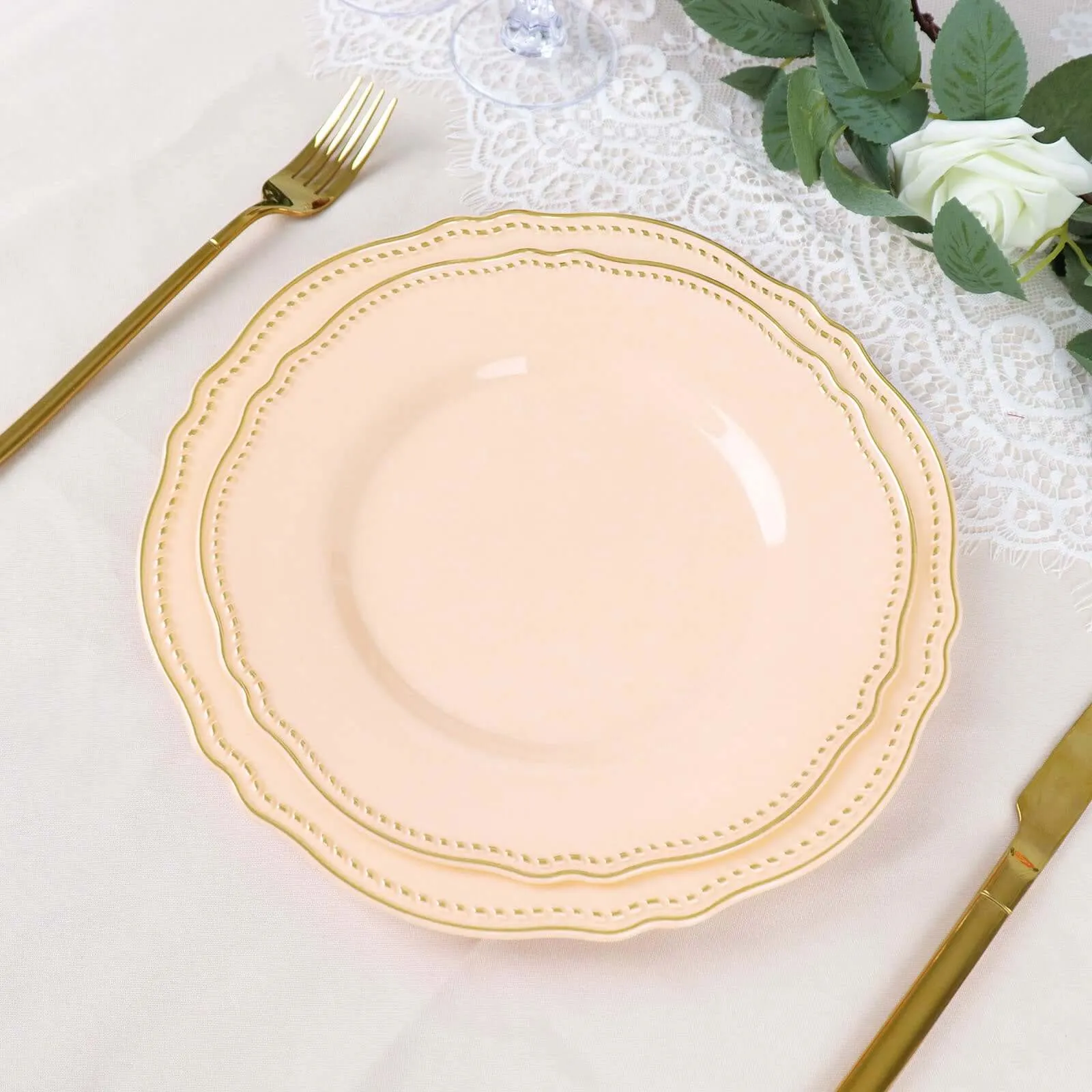 10 Pack 10" Nude Gold Scalloped Rim Disposable Dinner Plates, Large Plastic Party Plates