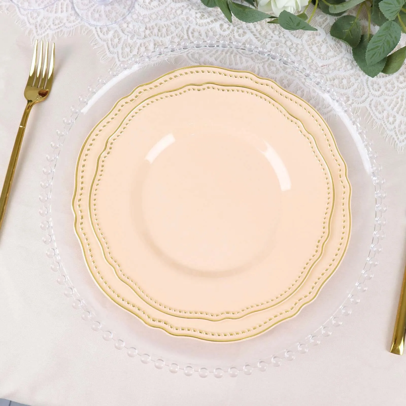 10 Pack 10" Nude Gold Scalloped Rim Disposable Dinner Plates, Large Plastic Party Plates