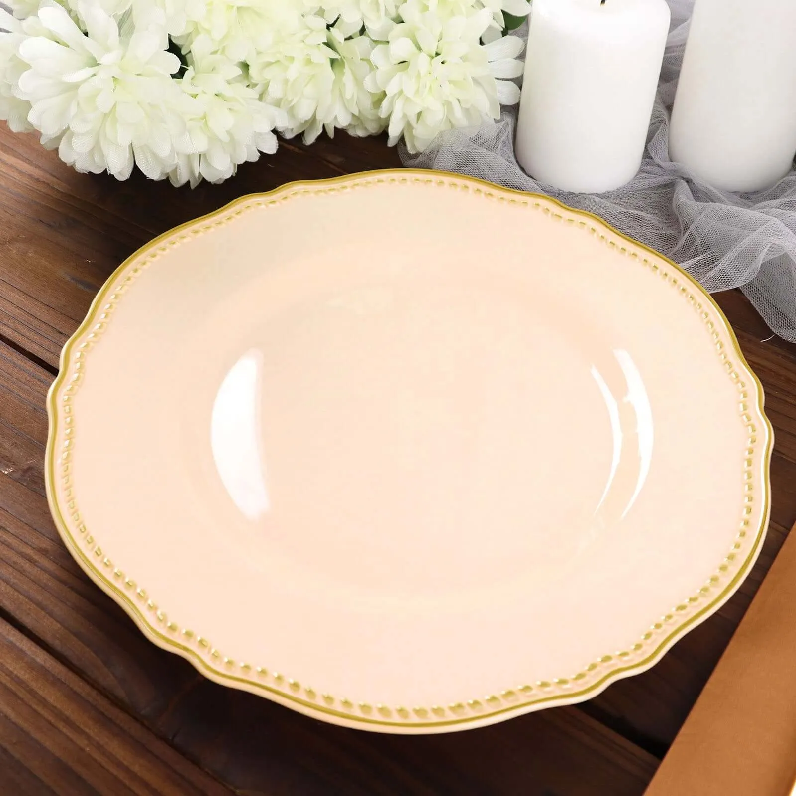 10 Pack 10" Nude Gold Scalloped Rim Disposable Dinner Plates, Large Plastic Party Plates