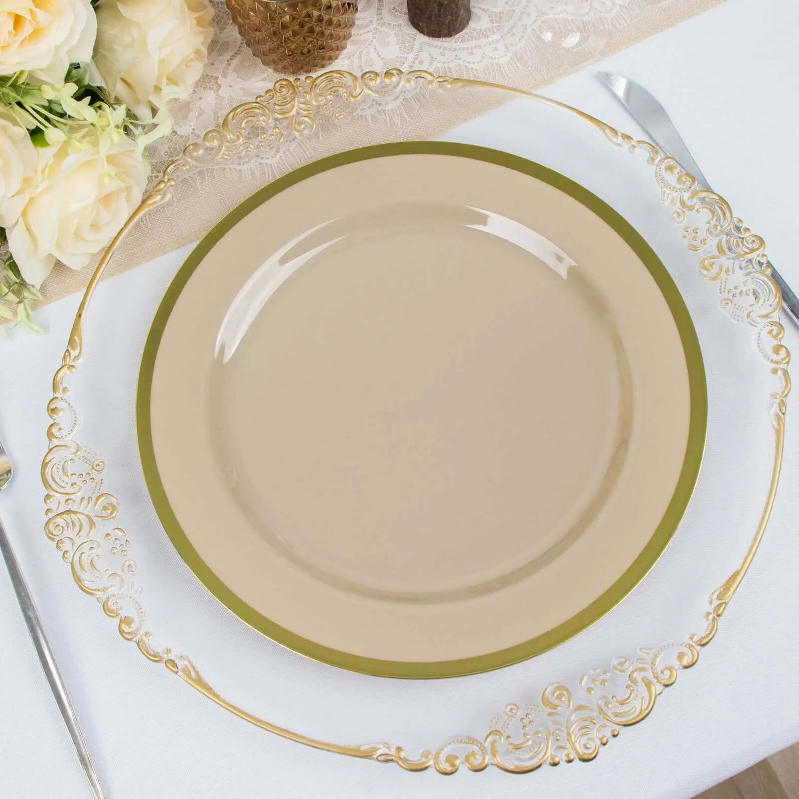 10 Pack 10" Regal Taupe and Gold Round Plastic Dinner Plates