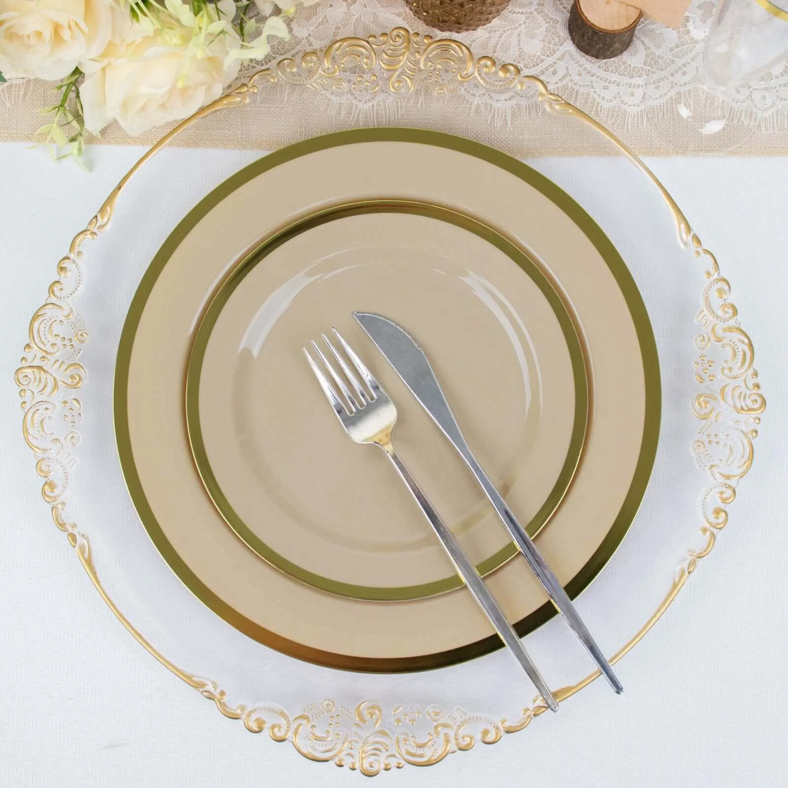 10 Pack 10" Regal Taupe and Gold Round Plastic Dinner Plates