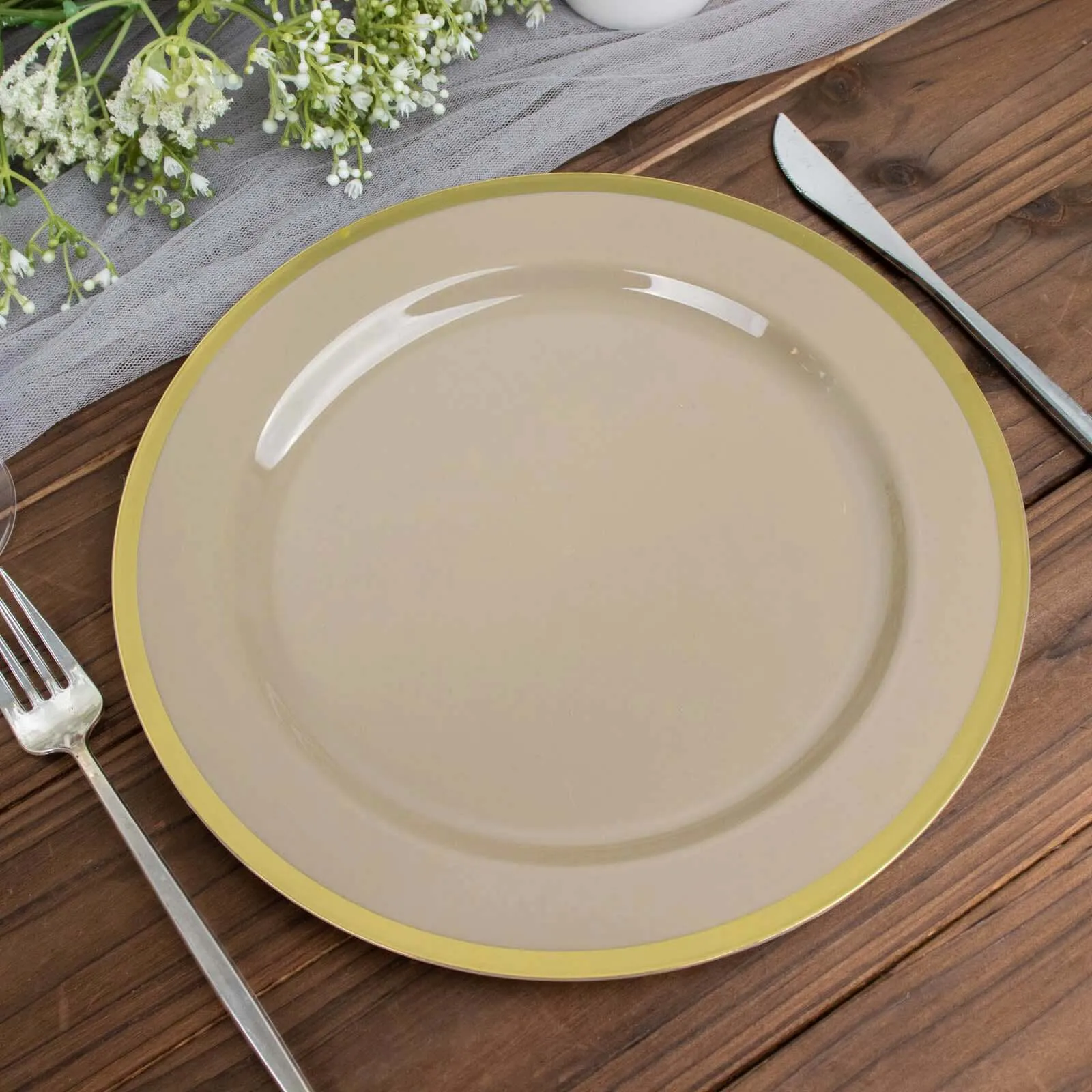 10 Pack 10" Regal Taupe and Gold Round Plastic Dinner Plates