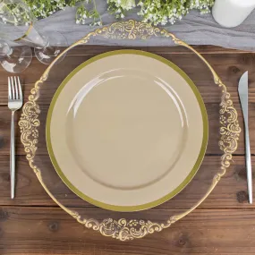 10 Pack 10" Regal Taupe and Gold Round Plastic Dinner Plates