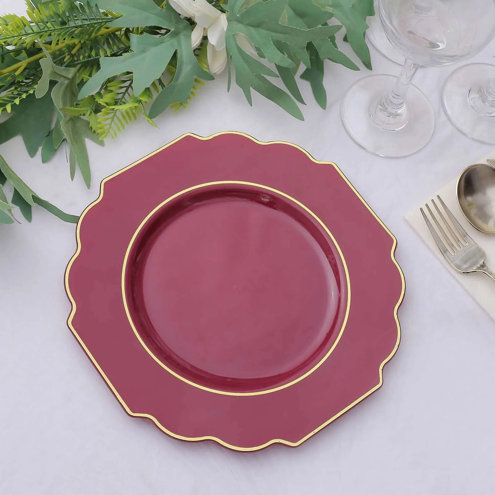 10 Pack 8" Burgundy Heavy Duty Disposable Baroque Salad Plates with Gold Rim, Hard Plastic Dessert Appetizer Plates