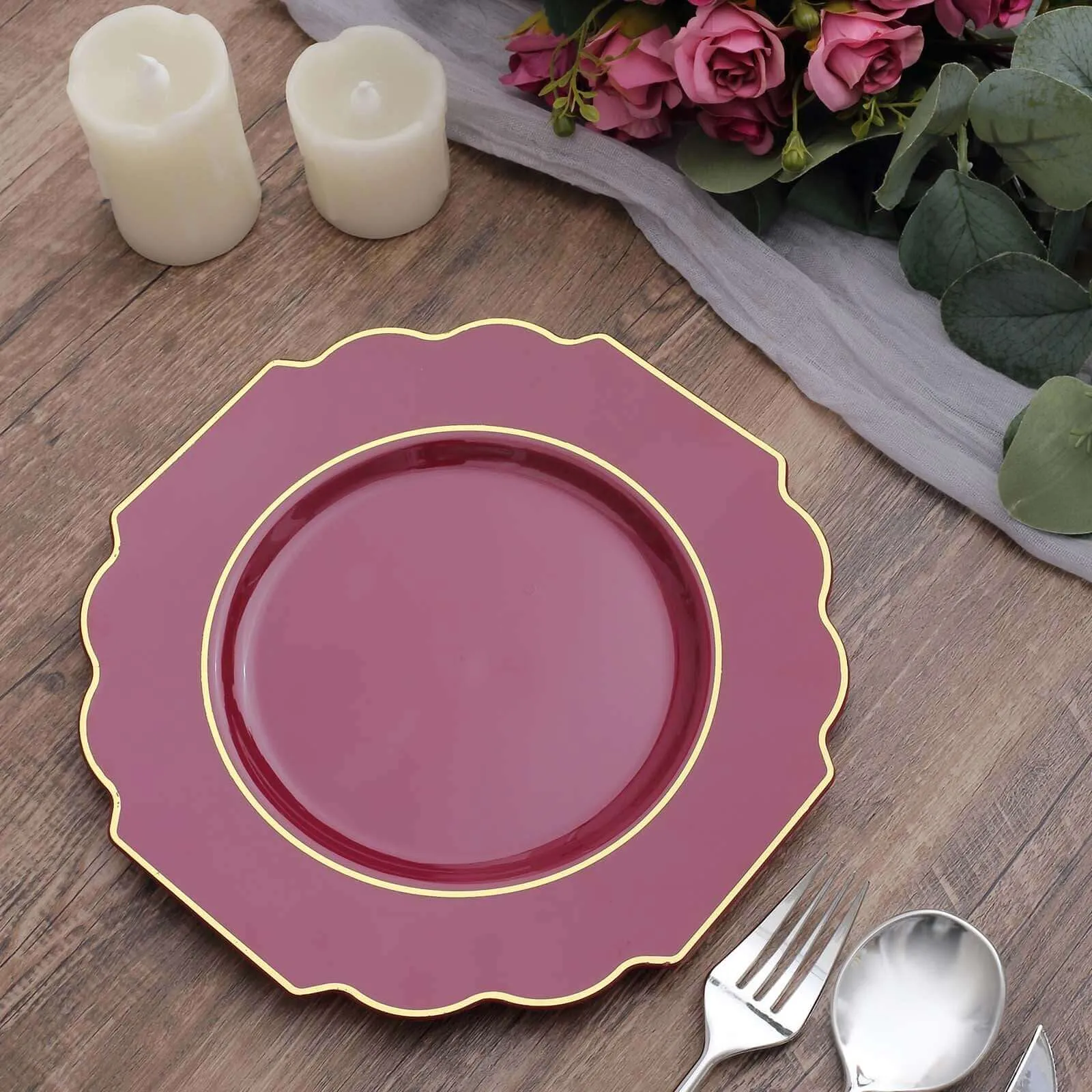 10 Pack 8" Burgundy Heavy Duty Disposable Baroque Salad Plates with Gold Rim, Hard Plastic Dessert Appetizer Plates