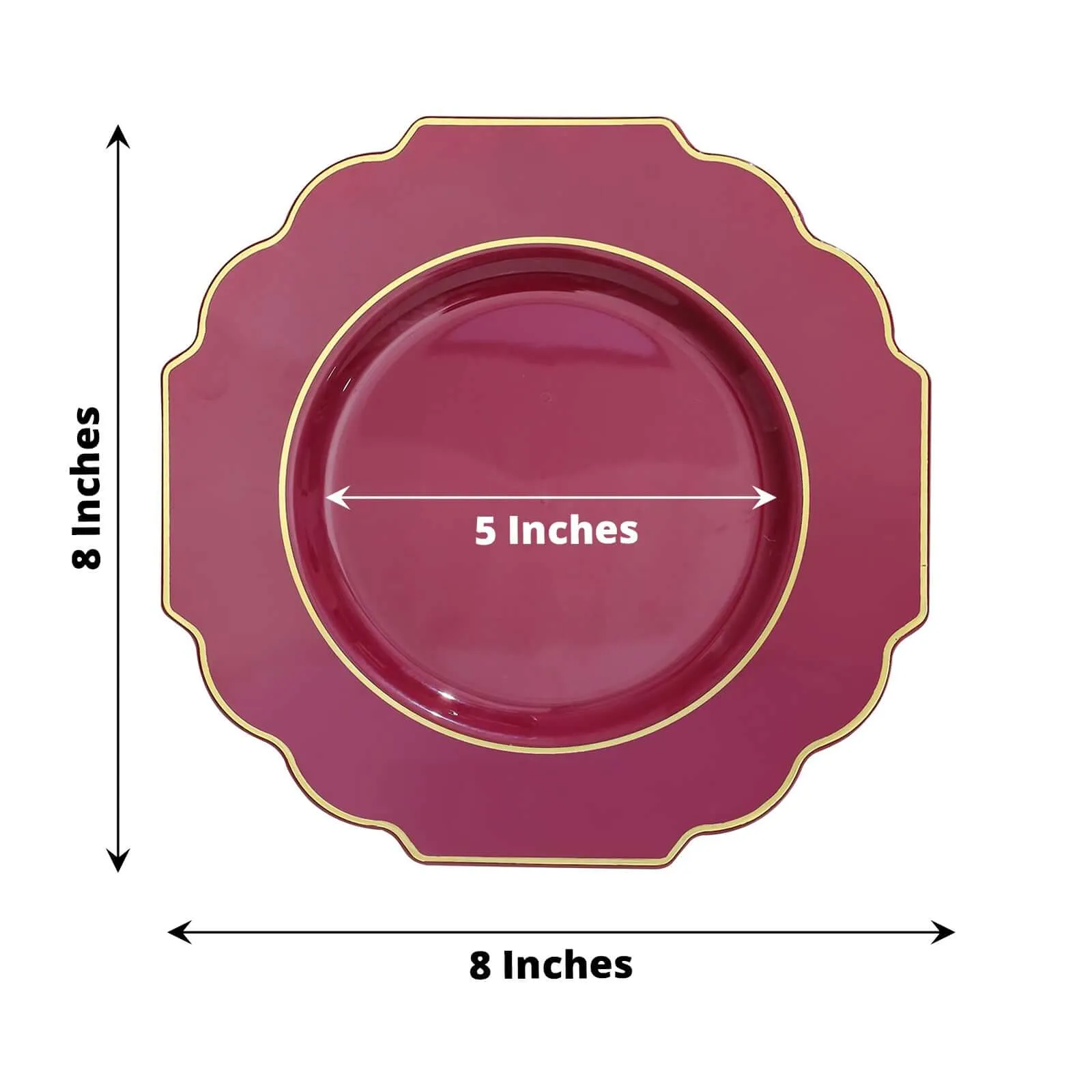 10 Pack 8" Burgundy Heavy Duty Disposable Baroque Salad Plates with Gold Rim, Hard Plastic Dessert Appetizer Plates