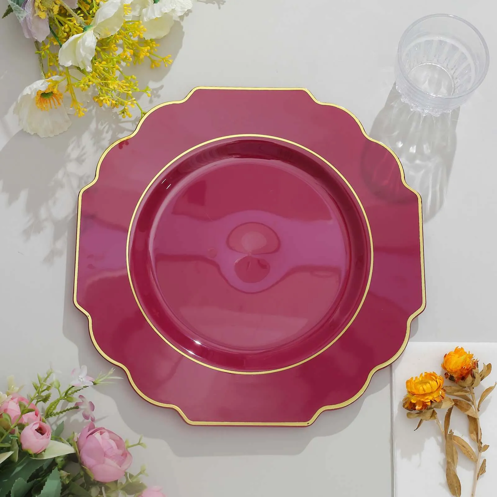 10 Pack 8" Burgundy Heavy Duty Disposable Baroque Salad Plates with Gold Rim, Hard Plastic Dessert Appetizer Plates