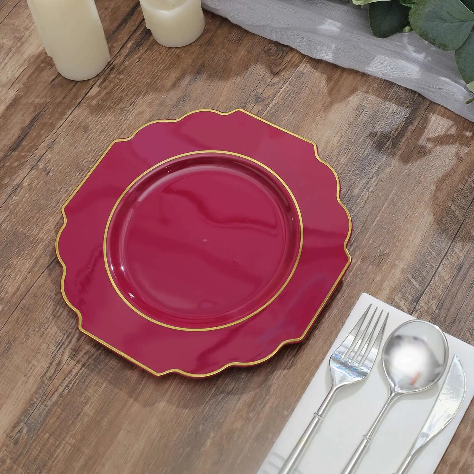 10 Pack 8" Burgundy Heavy Duty Disposable Baroque Salad Plates with Gold Rim, Hard Plastic Dessert Appetizer Plates