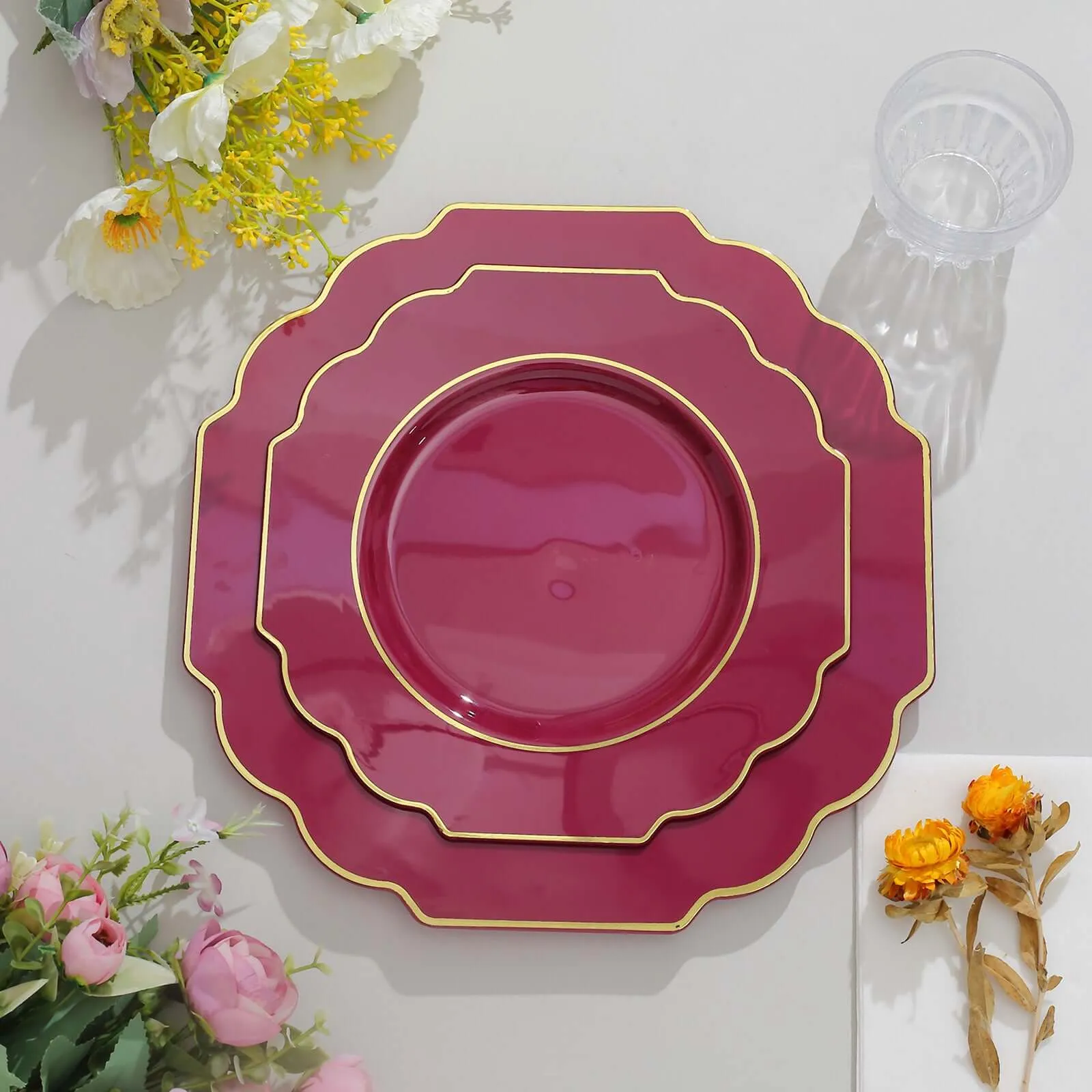 10 Pack 8" Burgundy Heavy Duty Disposable Baroque Salad Plates with Gold Rim, Hard Plastic Dessert Appetizer Plates