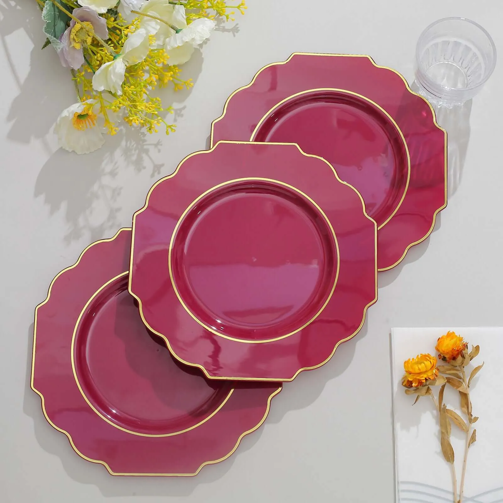 10 Pack 8" Burgundy Heavy Duty Disposable Baroque Salad Plates with Gold Rim, Hard Plastic Dessert Appetizer Plates