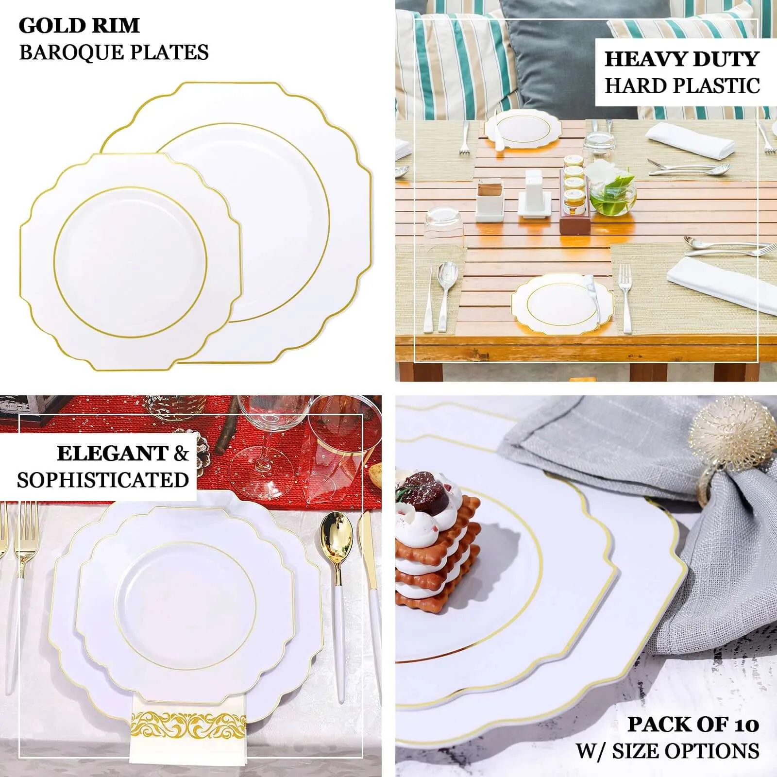 10 Pack 8" Burgundy Heavy Duty Disposable Baroque Salad Plates with Gold Rim, Hard Plastic Dessert Appetizer Plates