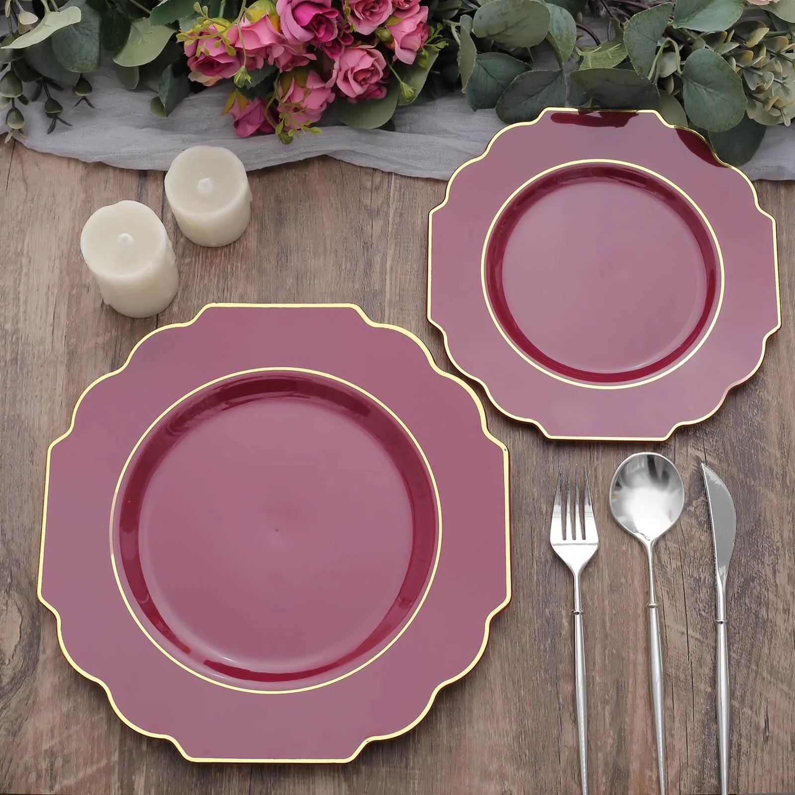 10 Pack 8" Burgundy Heavy Duty Disposable Baroque Salad Plates with Gold Rim, Hard Plastic Dessert Appetizer Plates