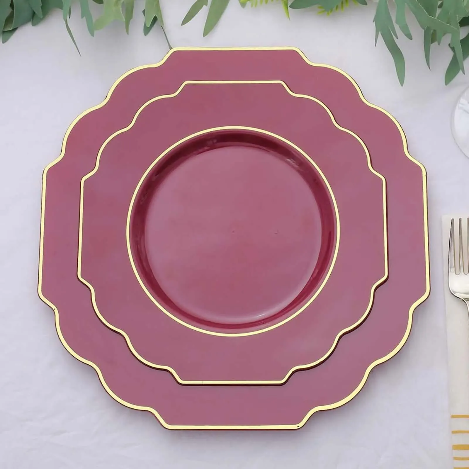 10 Pack 8" Burgundy Heavy Duty Disposable Baroque Salad Plates with Gold Rim, Hard Plastic Dessert Appetizer Plates