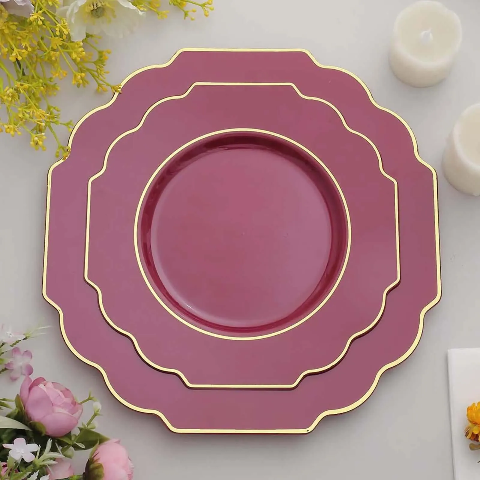 10 Pack 8" Burgundy Heavy Duty Disposable Baroque Salad Plates with Gold Rim, Hard Plastic Dessert Appetizer Plates