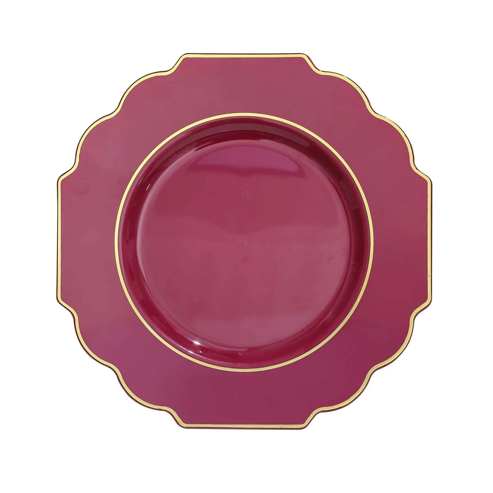 10 Pack 8" Burgundy Heavy Duty Disposable Baroque Salad Plates with Gold Rim, Hard Plastic Dessert Appetizer Plates