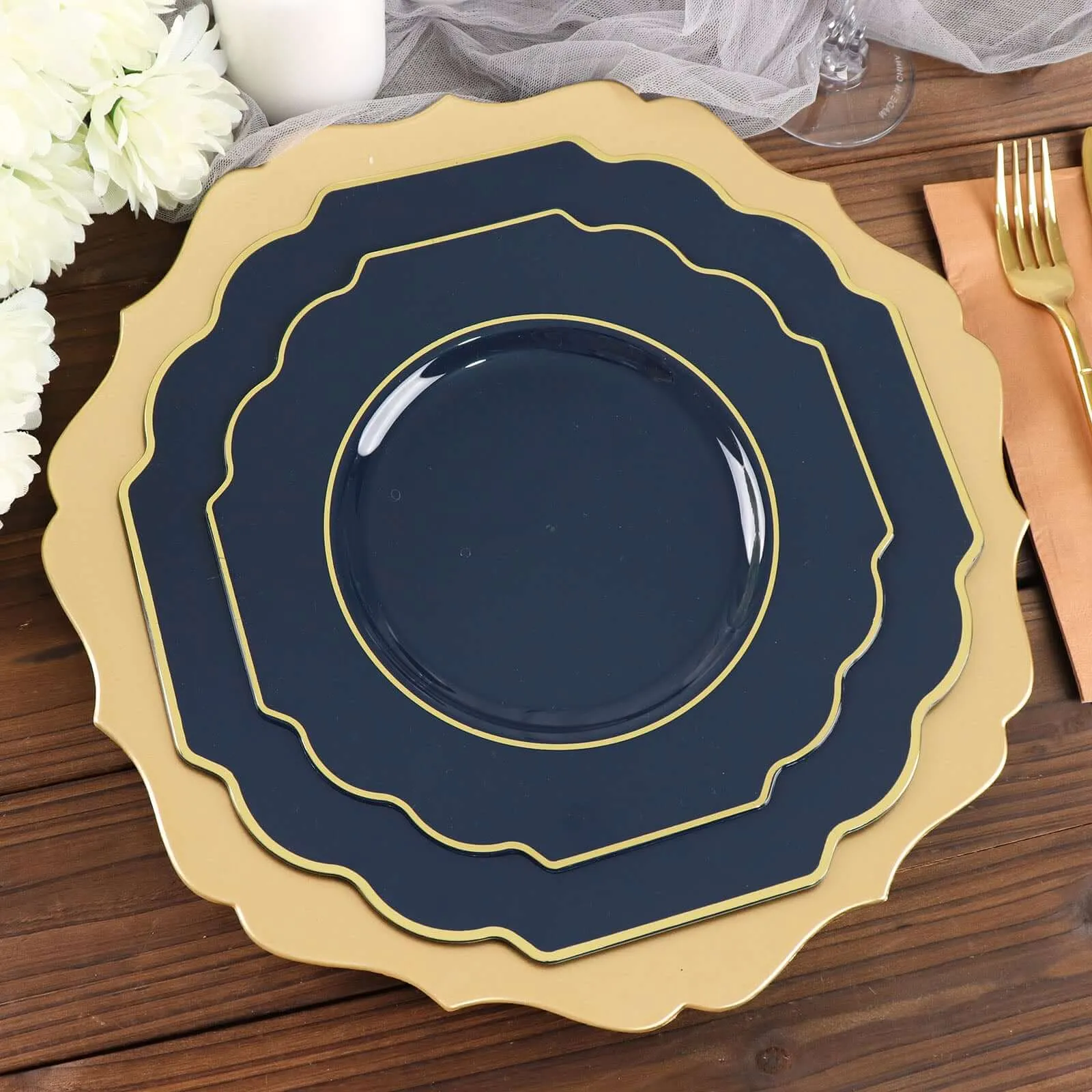 10 Pack 8" Navy Blue Hard Plastic Dessert Appetizer Plates, Disposable Tableware, Baroque Heavy Duty Salad Plates with Gold Rim