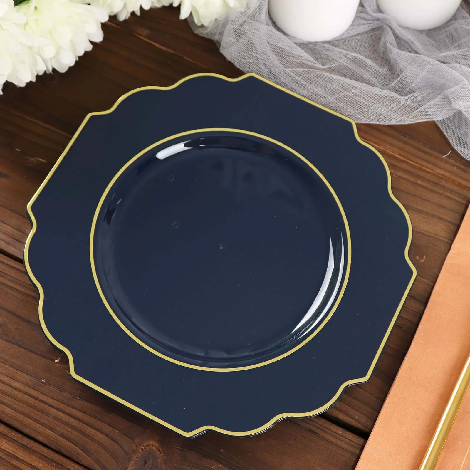 10 Pack 8" Navy Blue Hard Plastic Dessert Appetizer Plates, Disposable Tableware, Baroque Heavy Duty Salad Plates with Gold Rim