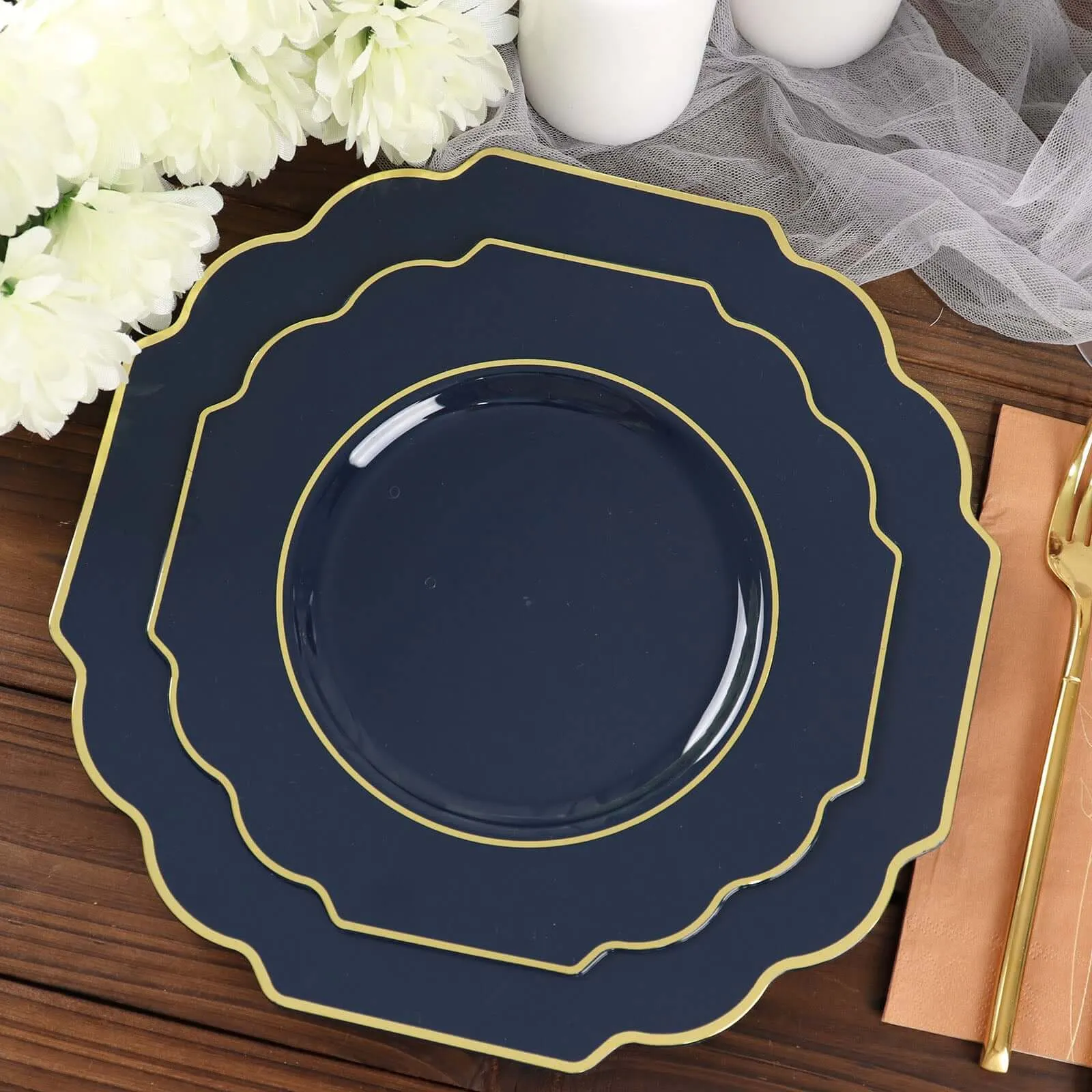 10 Pack 8" Navy Blue Hard Plastic Dessert Appetizer Plates, Disposable Tableware, Baroque Heavy Duty Salad Plates with Gold Rim