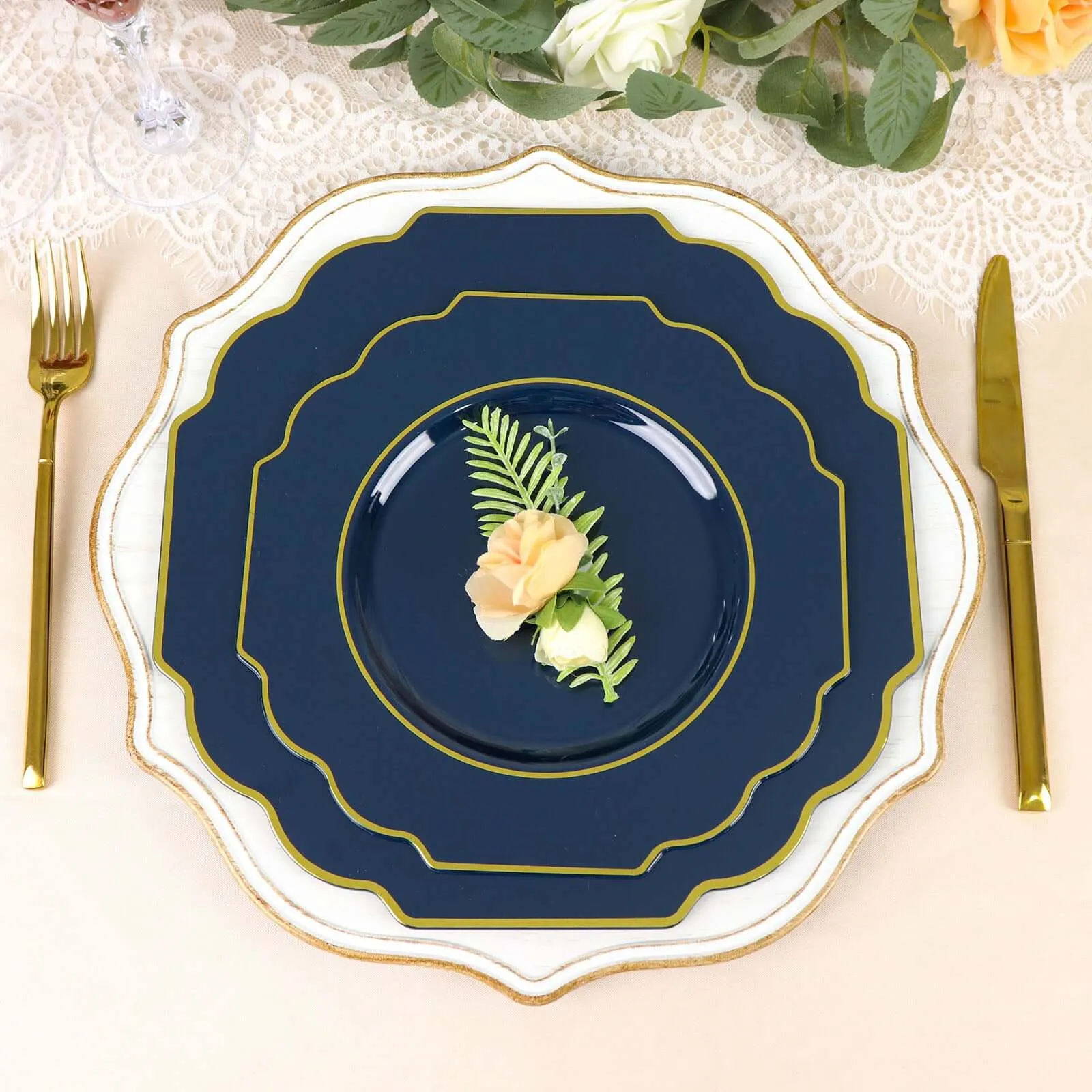 10 Pack 8" Navy Blue Hard Plastic Dessert Appetizer Plates, Disposable Tableware, Baroque Heavy Duty Salad Plates with Gold Rim