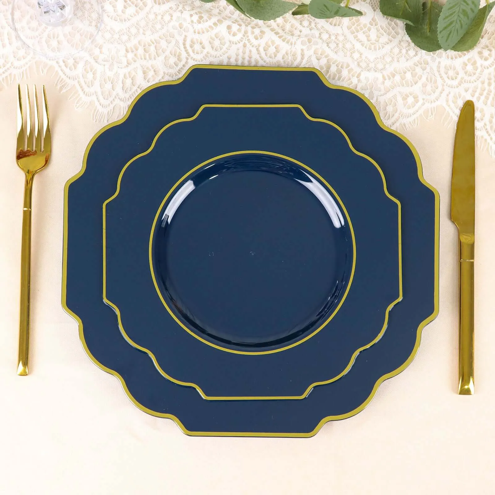 10 Pack 8" Navy Blue Hard Plastic Dessert Appetizer Plates, Disposable Tableware, Baroque Heavy Duty Salad Plates with Gold Rim