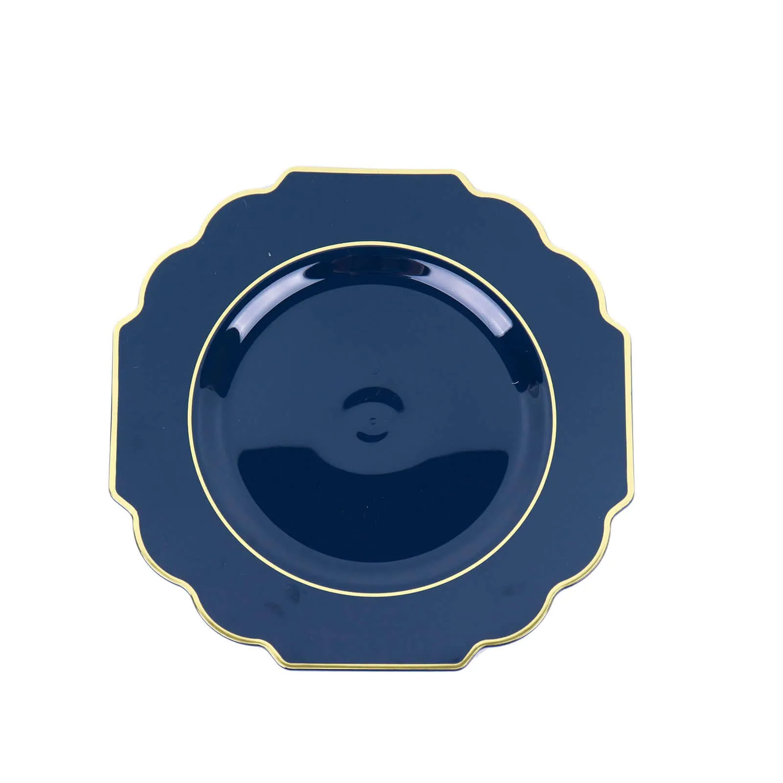 10 Pack 8" Navy Blue Hard Plastic Dessert Appetizer Plates, Disposable Tableware, Baroque Heavy Duty Salad Plates with Gold Rim