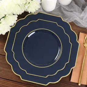 10 Pack 8" Navy Blue Hard Plastic Dessert Appetizer Plates, Disposable Tableware, Baroque Heavy Duty Salad Plates with Gold Rim