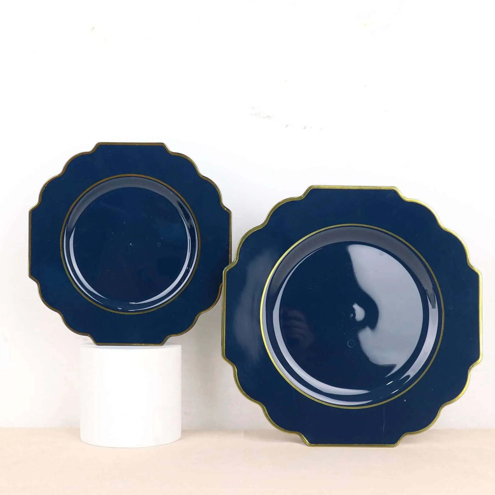 10 Pack 8" Navy Blue Hard Plastic Dessert Appetizer Plates, Disposable Tableware, Baroque Heavy Duty Salad Plates with Gold Rim