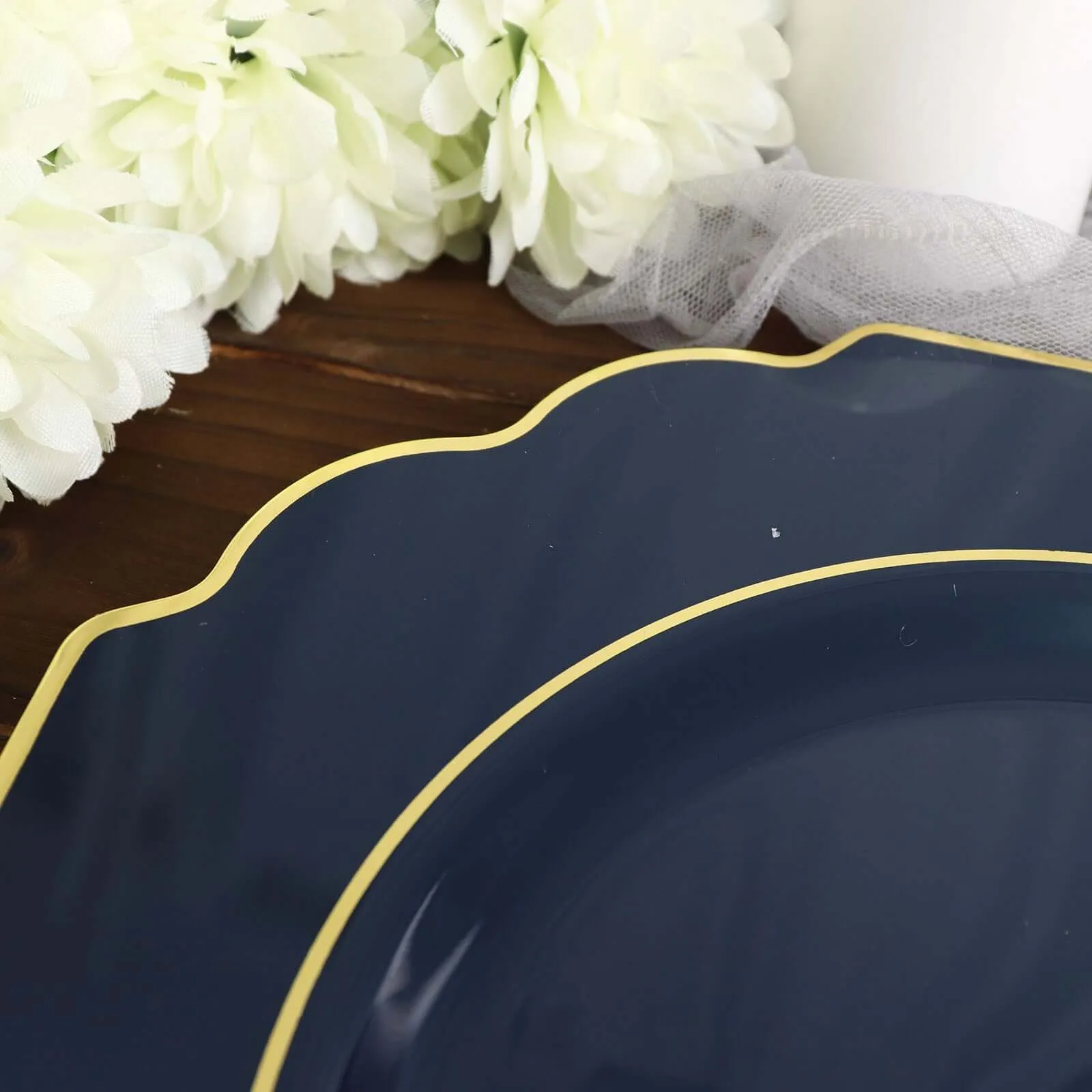 10 Pack 8" Navy Blue Hard Plastic Dessert Appetizer Plates, Disposable Tableware, Baroque Heavy Duty Salad Plates with Gold Rim