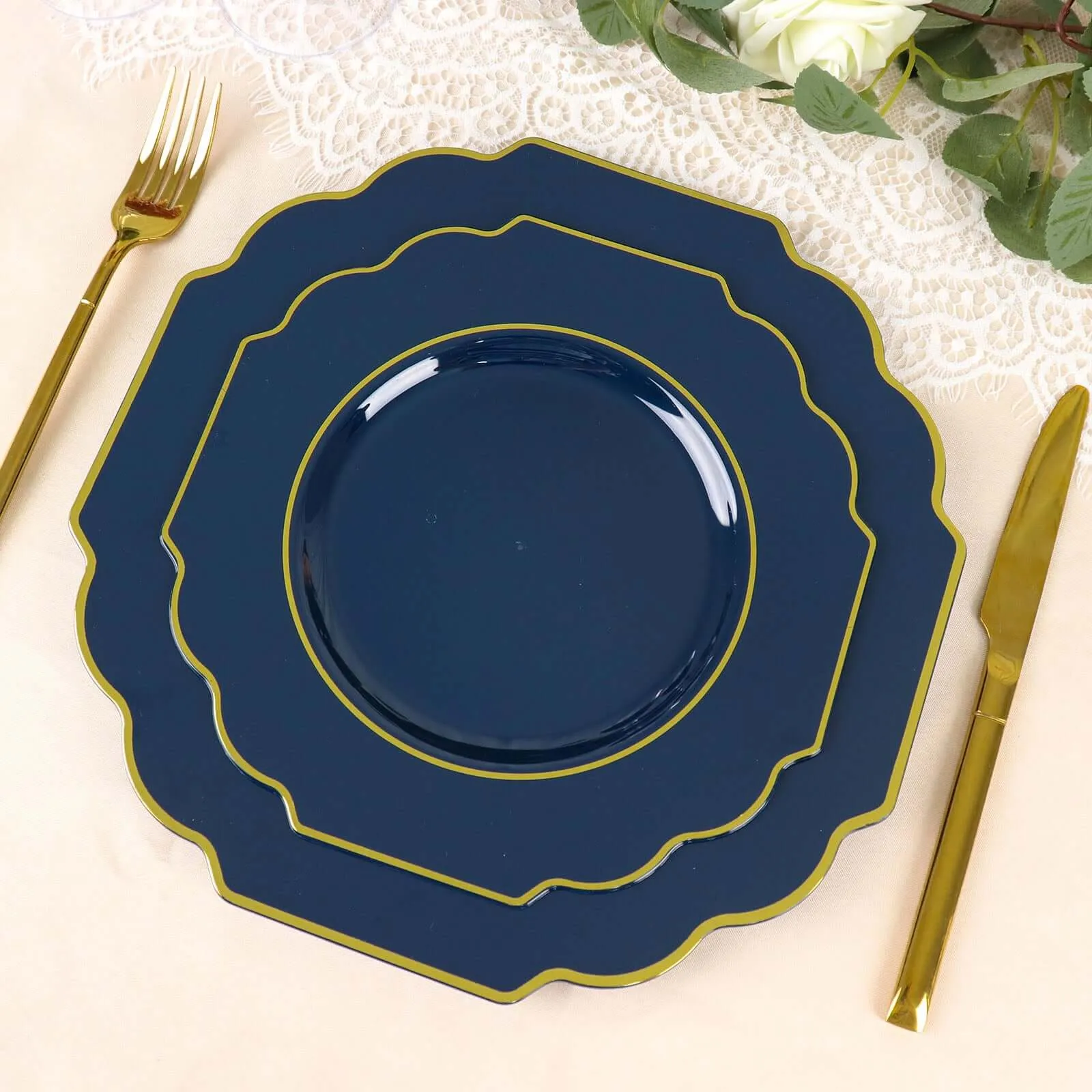 10 Pack 8" Navy Blue Hard Plastic Dessert Appetizer Plates, Disposable Tableware, Baroque Heavy Duty Salad Plates with Gold Rim