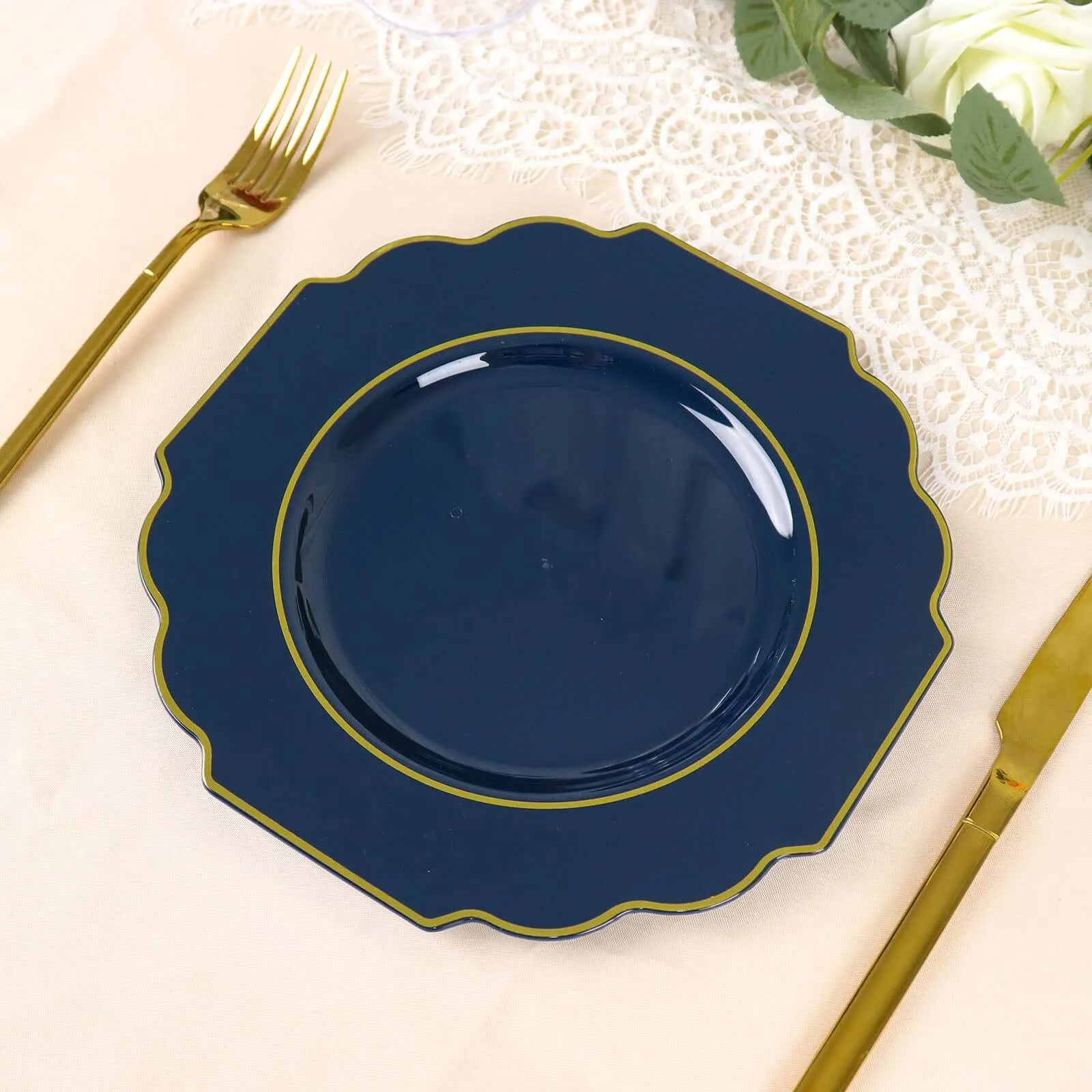 10 Pack 8" Navy Blue Hard Plastic Dessert Appetizer Plates, Disposable Tableware, Baroque Heavy Duty Salad Plates with Gold Rim