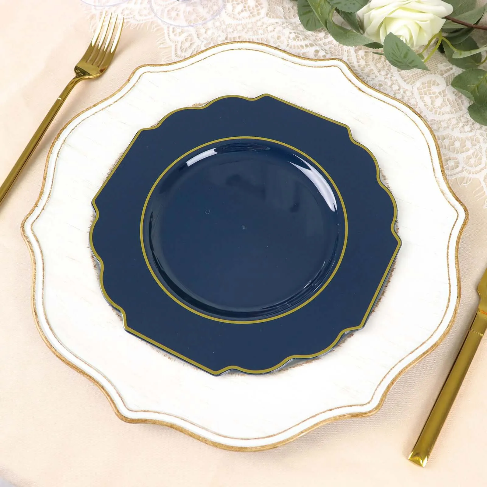 10 Pack 8" Navy Blue Hard Plastic Dessert Appetizer Plates, Disposable Tableware, Baroque Heavy Duty Salad Plates with Gold Rim