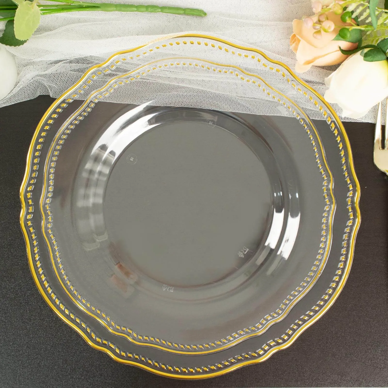 10 Pack 9" Clear Gold Scalloped Rim Disposable Dinner Plates, Plastic Party Plates