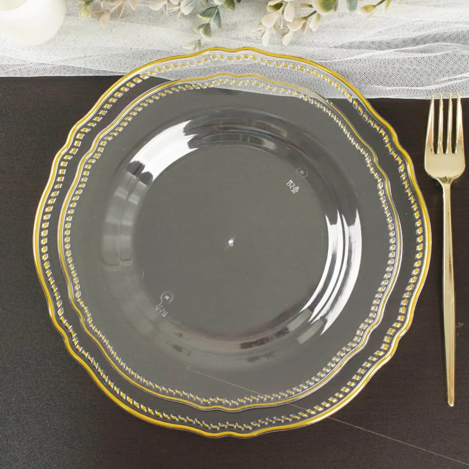 10 Pack 9" Clear Gold Scalloped Rim Disposable Dinner Plates, Plastic Party Plates