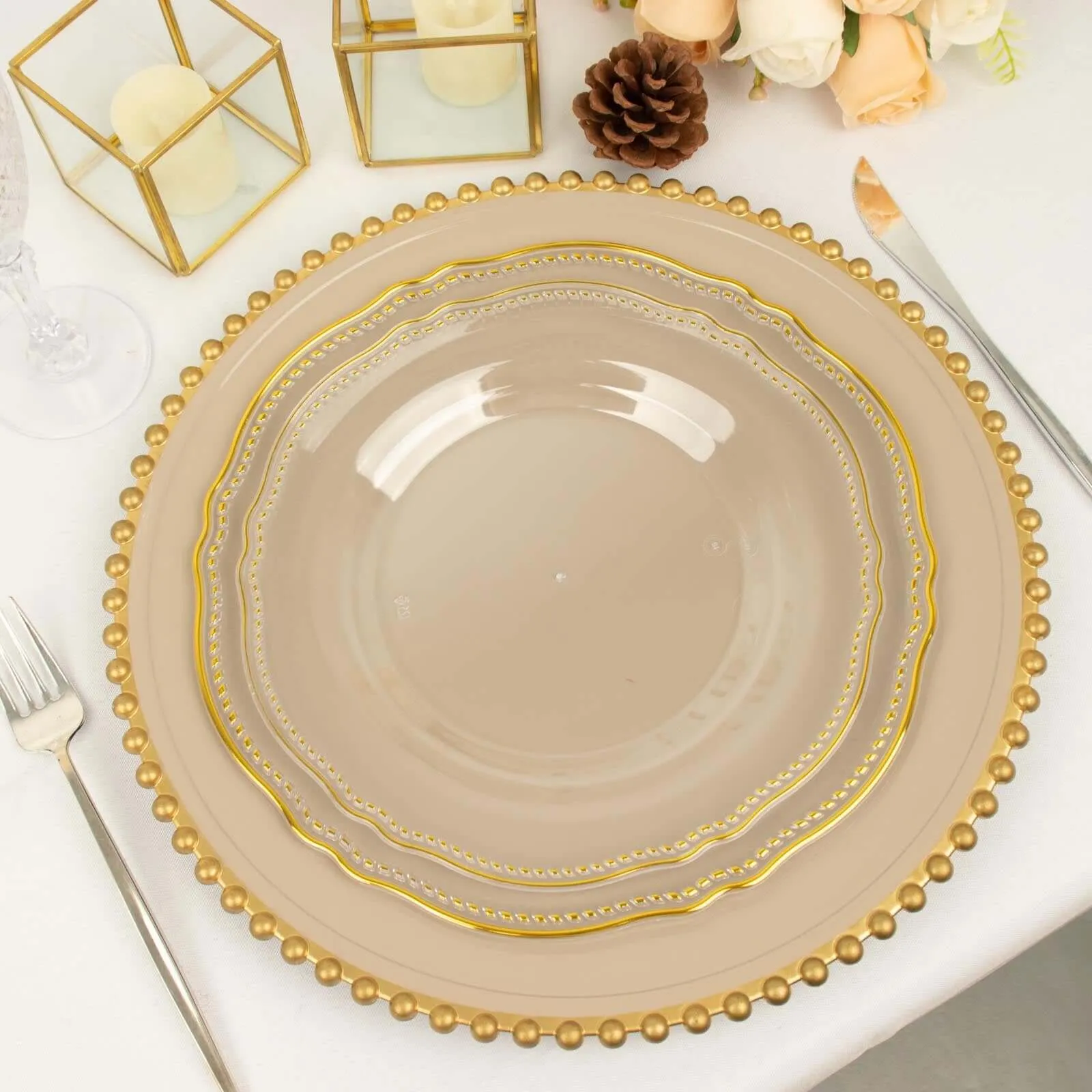 10 Pack 9" Clear Gold Scalloped Rim Disposable Dinner Plates, Plastic Party Plates