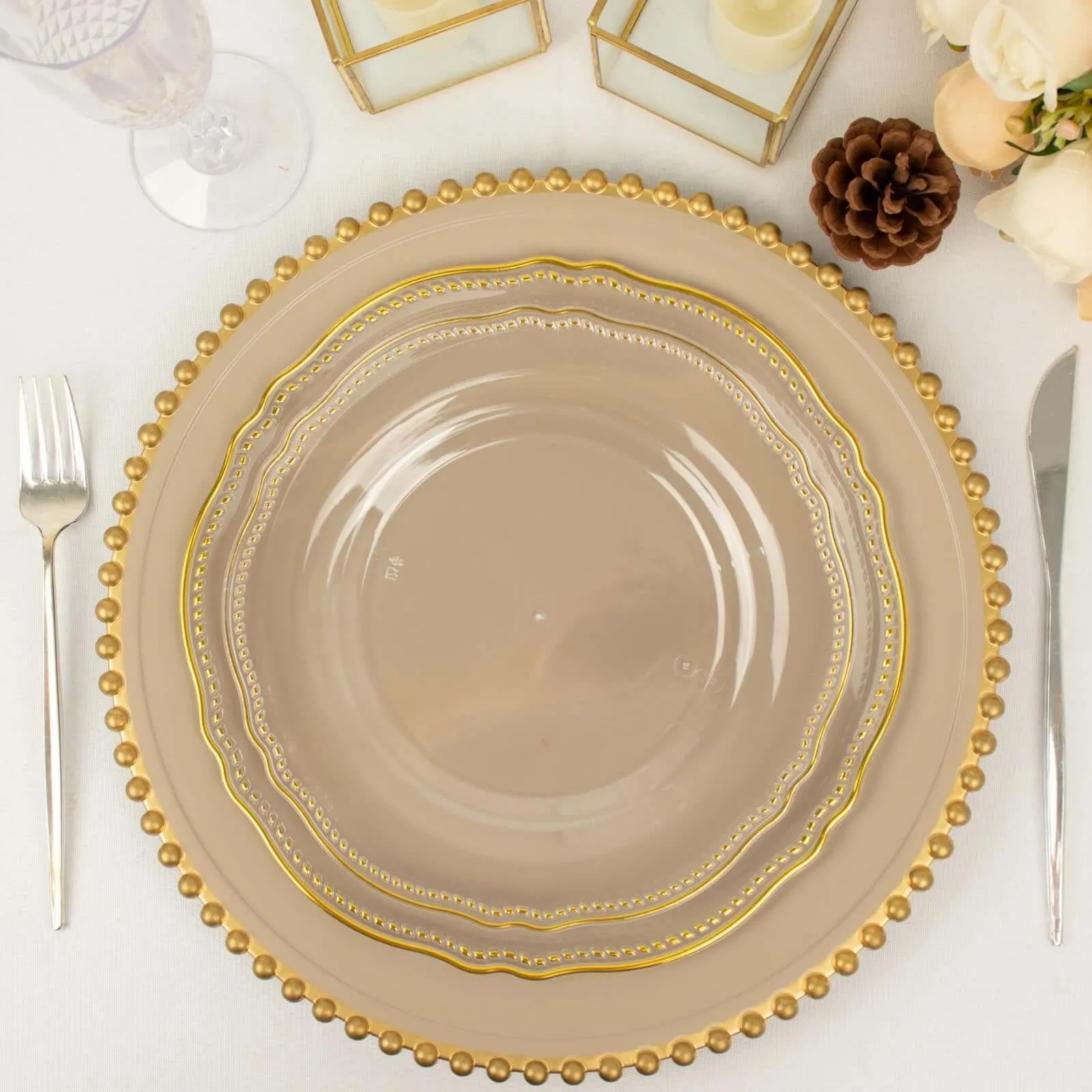 10 Pack 9" Clear Gold Scalloped Rim Disposable Dinner Plates, Plastic Party Plates