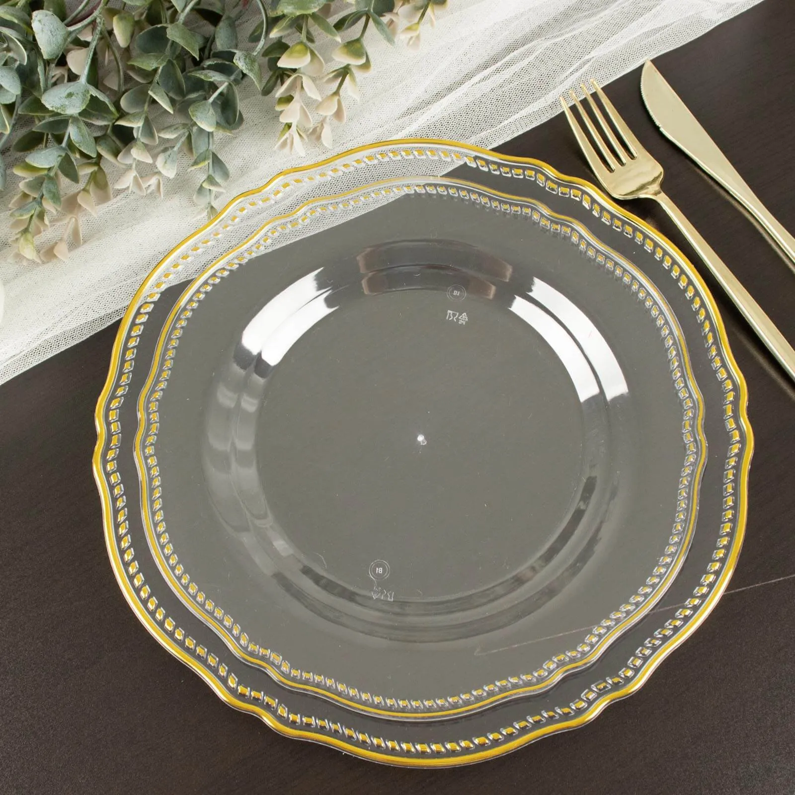 10 Pack 9" Clear Gold Scalloped Rim Disposable Dinner Plates, Plastic Party Plates