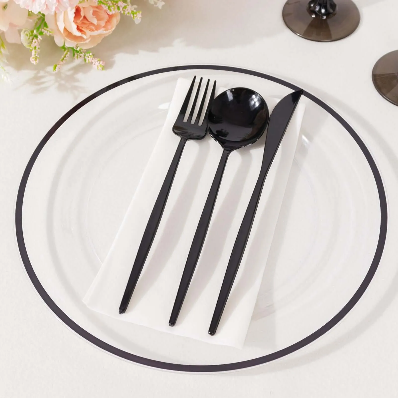 10 Pack Clear Regal Disposable Party Plates With Black Rim, 10" Round Plastic Dinner Plates