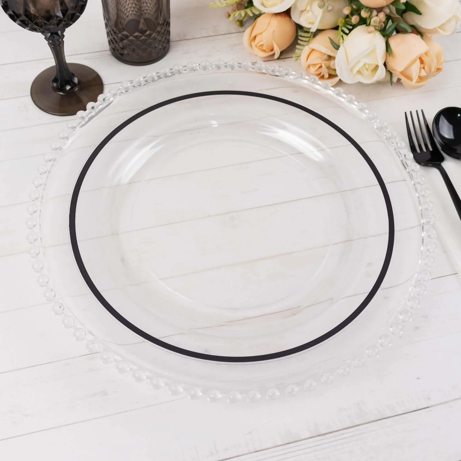 10 Pack Clear Regal Disposable Party Plates With Black Rim, 10" Round Plastic Dinner Plates