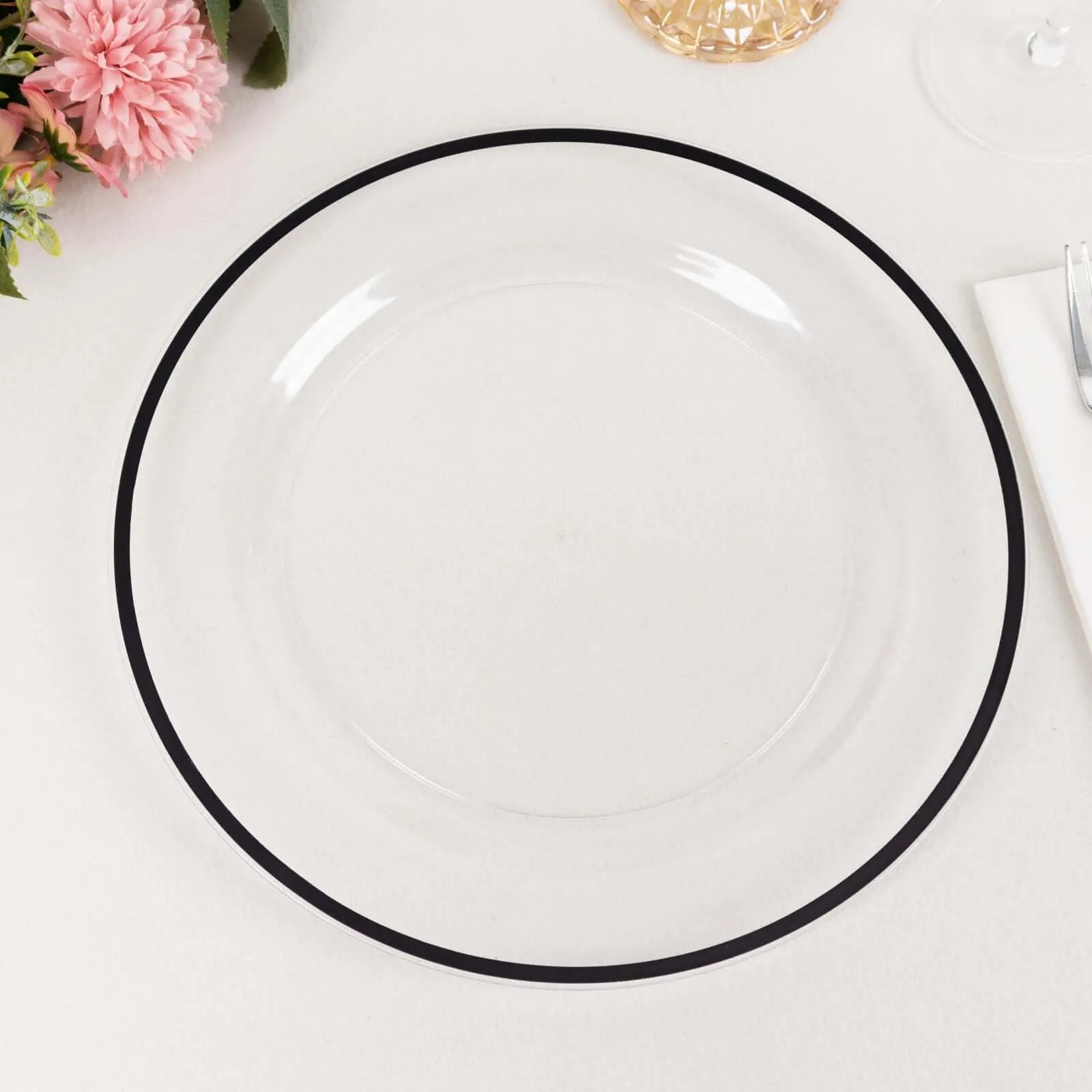 10 Pack Clear Regal Disposable Party Plates With Black Rim, 10" Round Plastic Dinner Plates