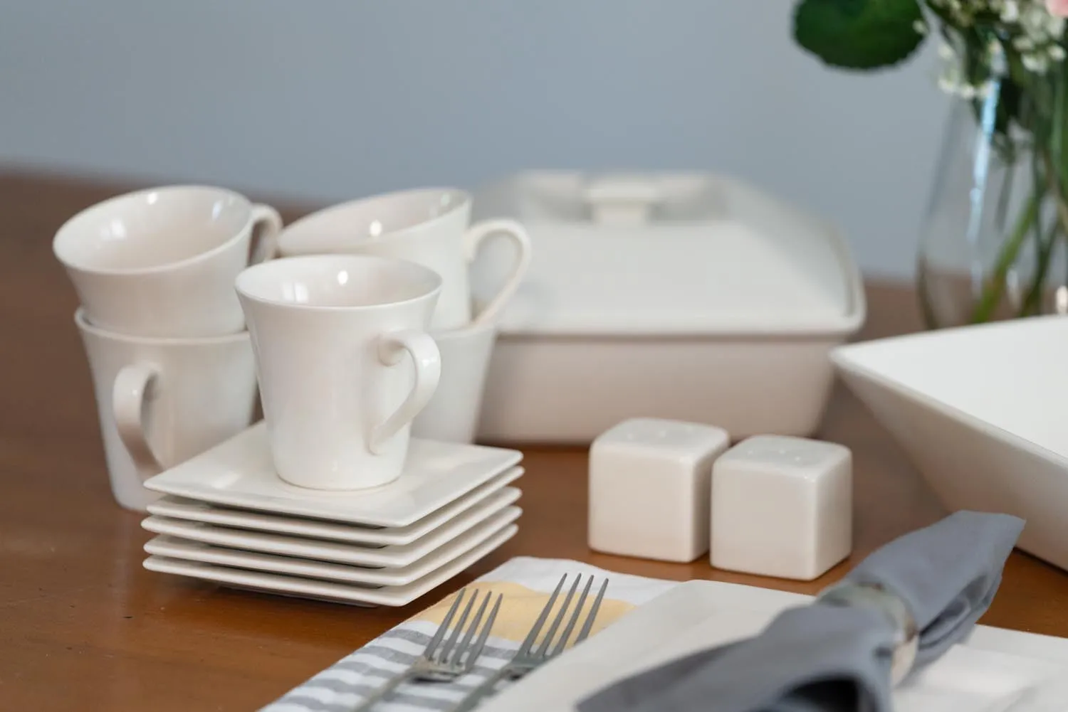 10 Strawberry Street Nova Square 45-Piece Stoneware Dinnerware Set, Cream/White