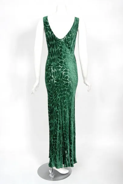 1930's Emerald Green Leaf Motif Sheer Silk Velvet Bias-Cut Gown & Bolero